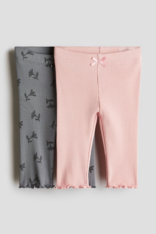 2-pack Ribbed Cotton Leggings - Light pink/floral/Cream/leopard print/Light pink/cherries/Cream/leopard print - 1