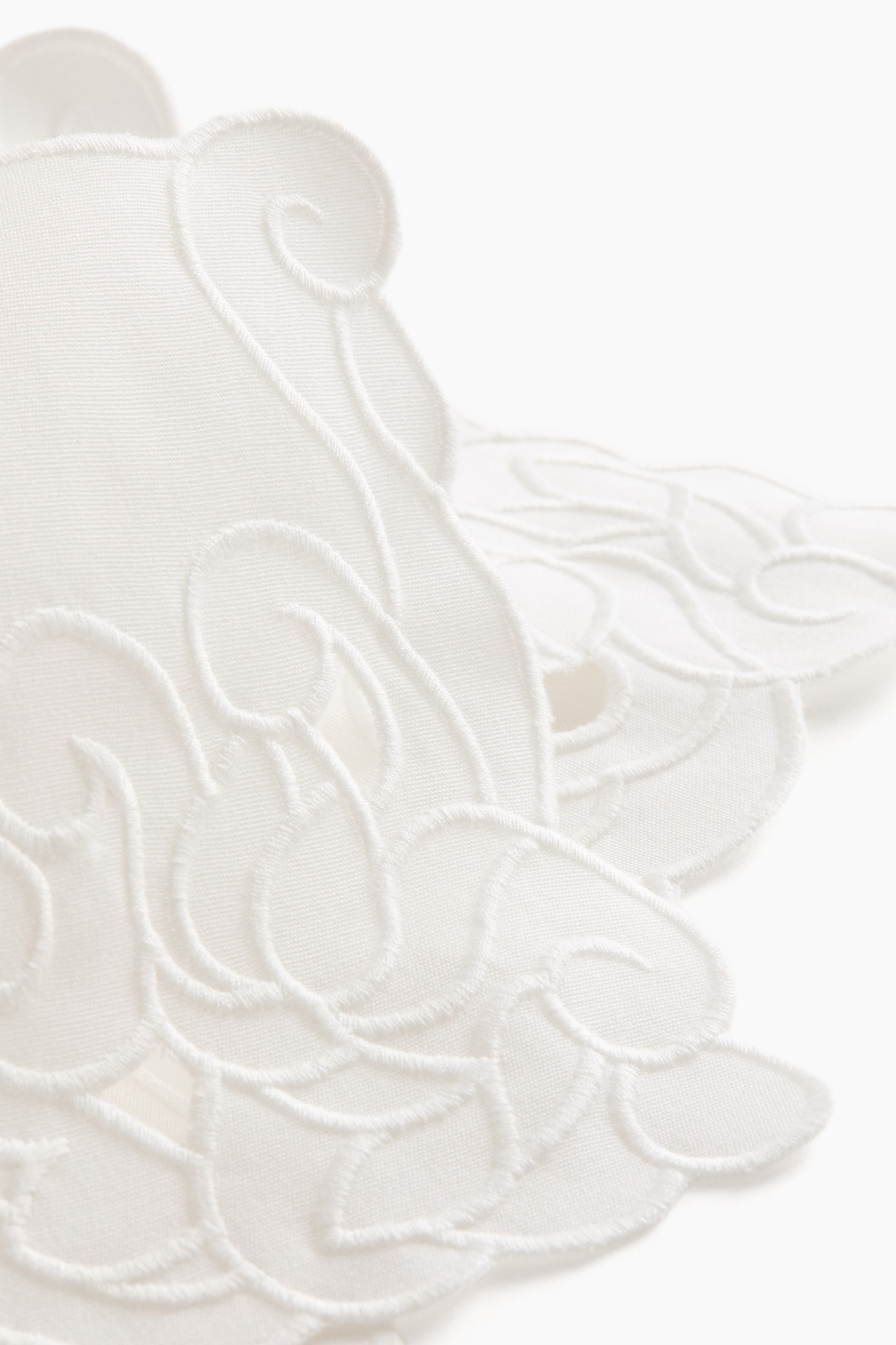 View larger image: A white fabric showcases detailed white embroidery, forming swirling, organic patterns across its surface. The edges of the fabric are shaped by the embroidery, creating a scalloped outline.