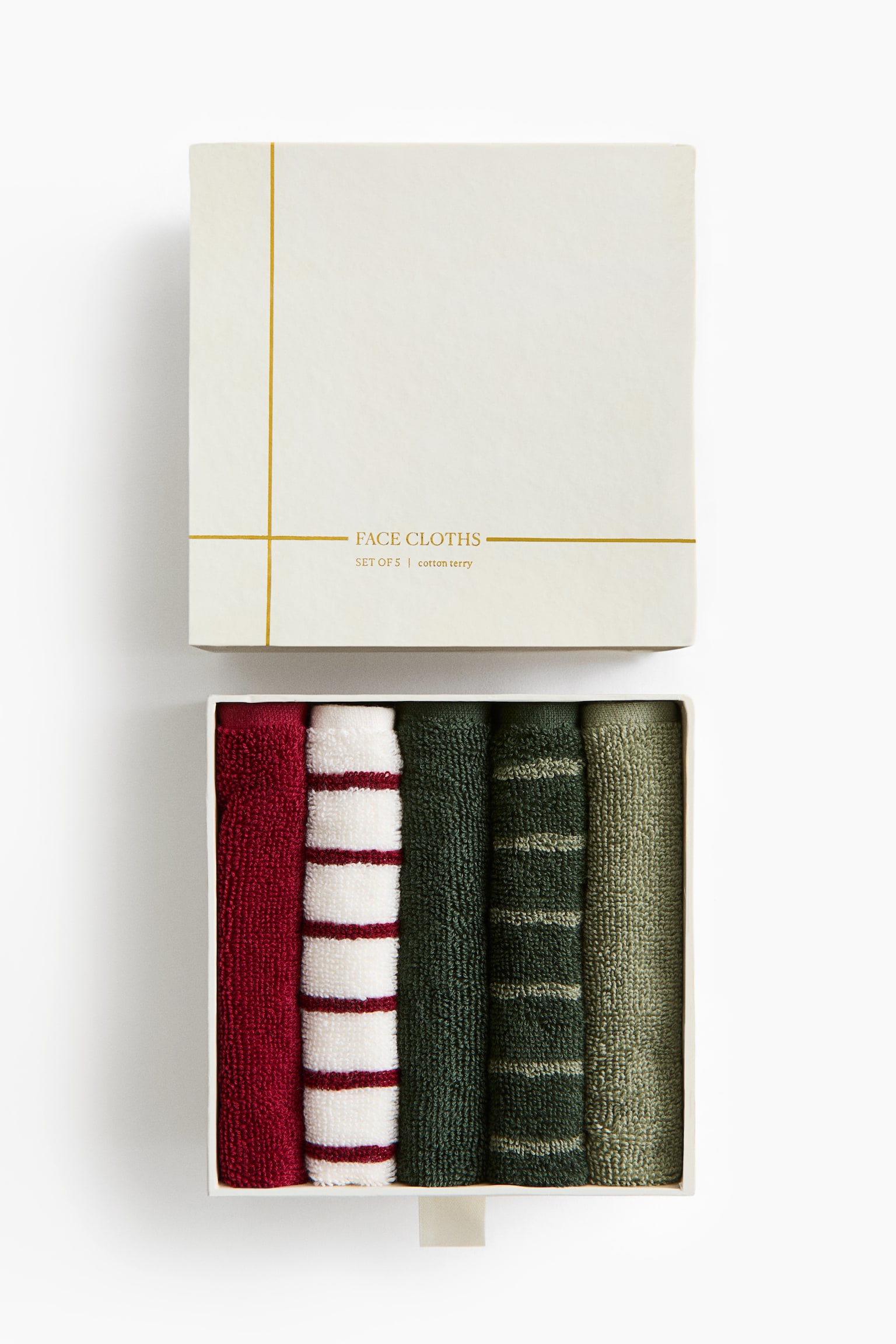 5-pack cotton terry flannels - Dark green/Striped/Dusty blue/Striped/Burgundy/Striped