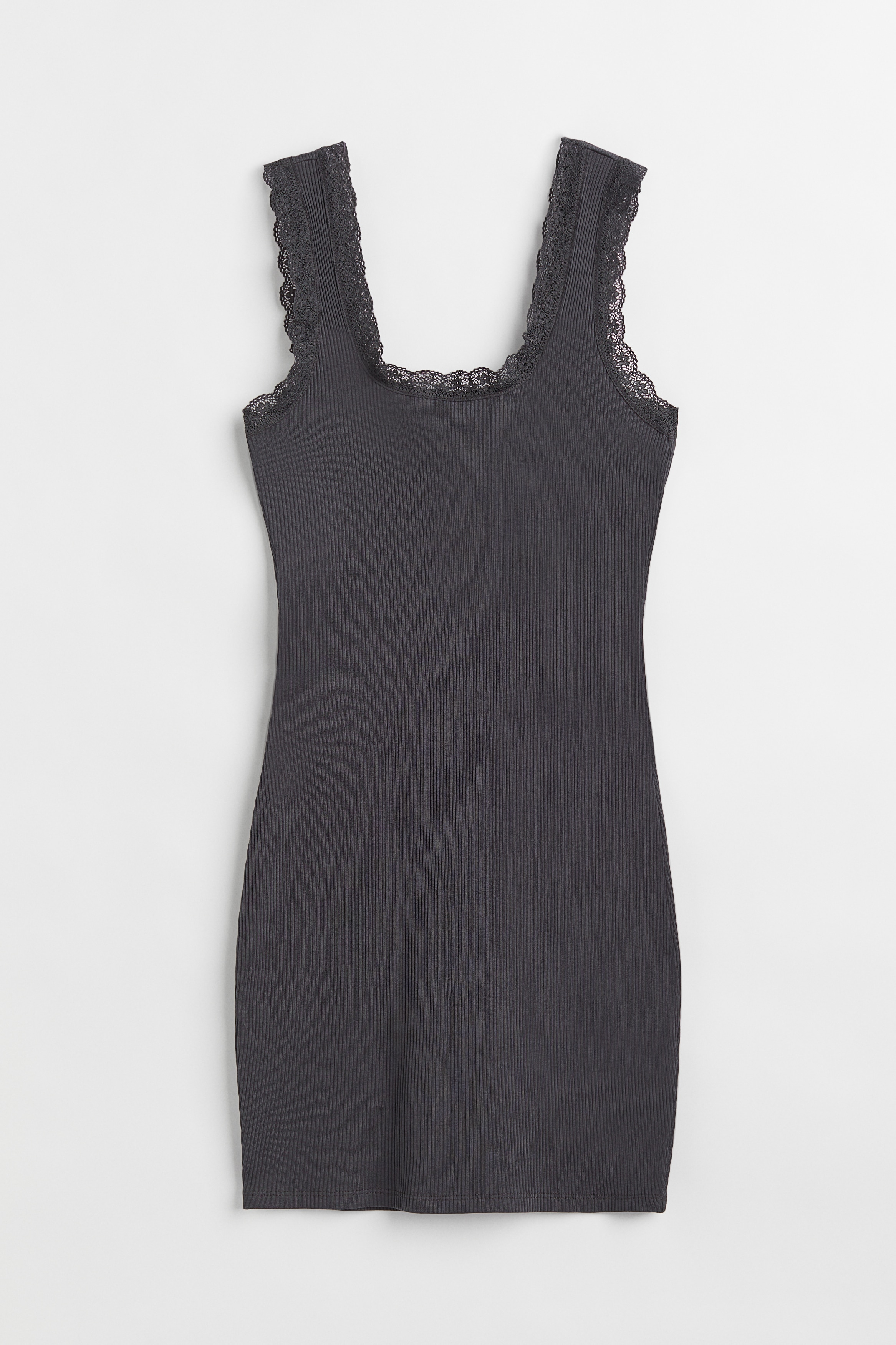 H & M - Geripptes Kleid mit Spitzenborten - Grau - Damen