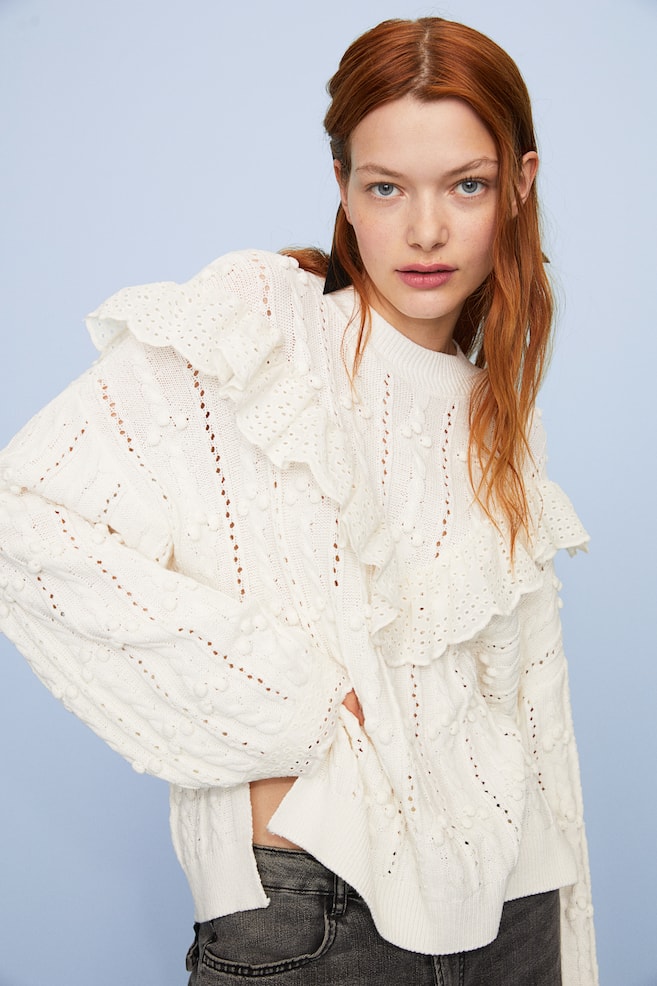 Frill-trimmed textured-knit jumper - White - 3