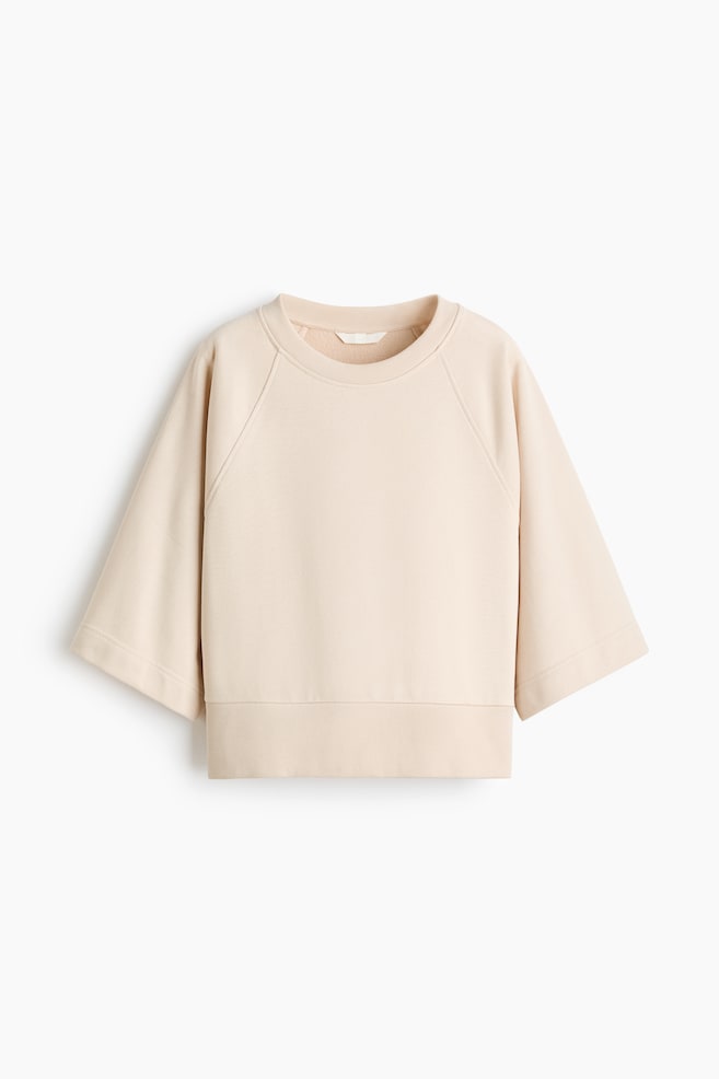 Ein Oberteil aus leichtem Sweatshirtstoff präsentiert seine VORDERANSICHT, mit einem runden, gerippten Ausschnitt, 3/4-langen Raglanärmeln und Rippenbündchen am Saum. - 1