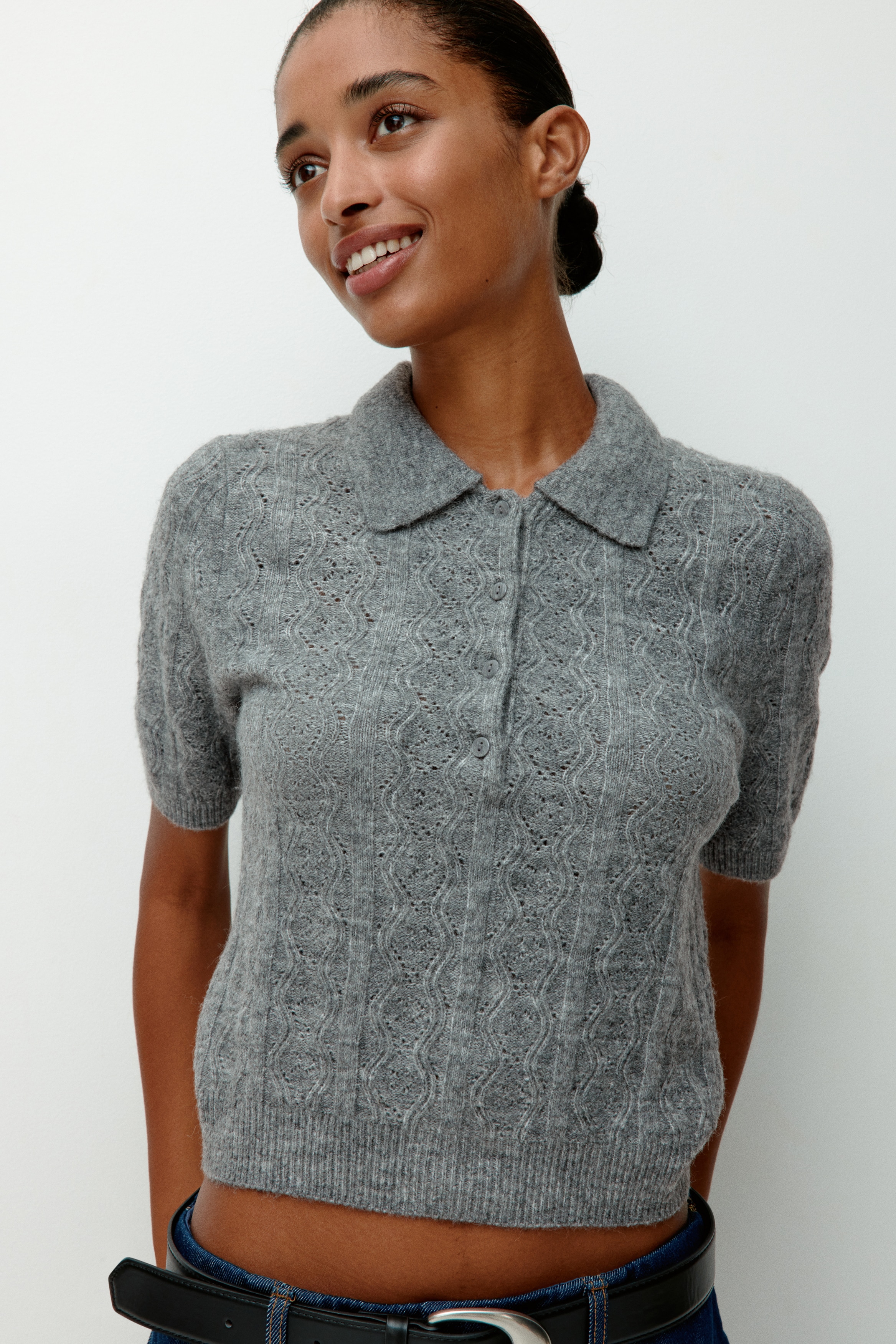 Pointelle-knit polo jumper