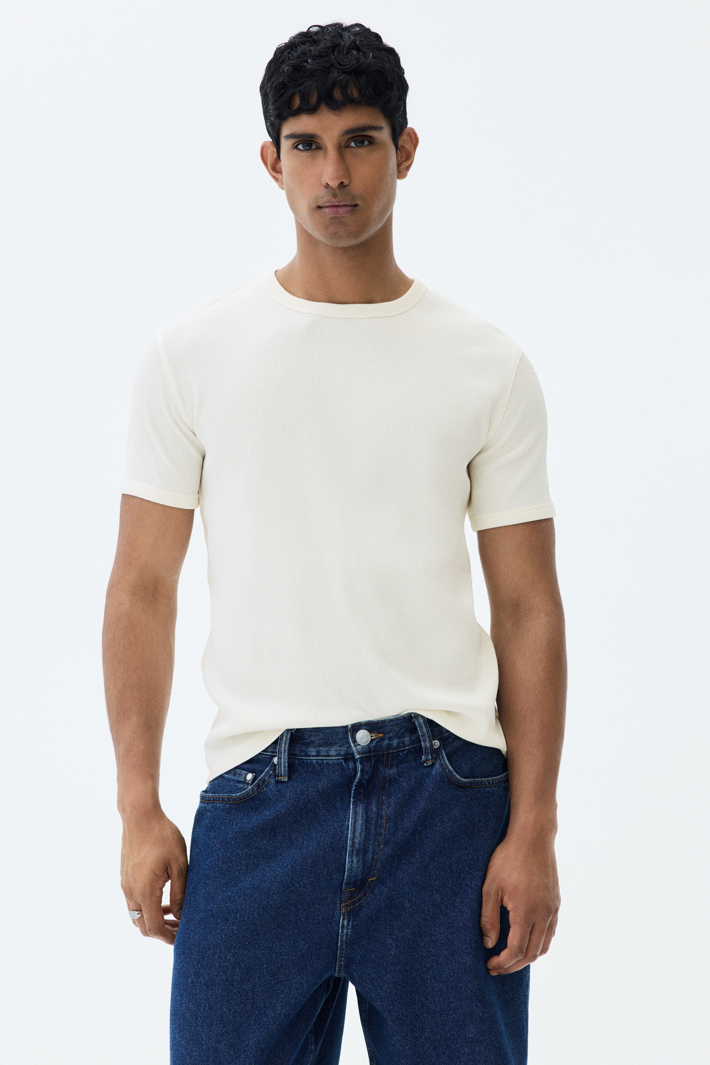 Slim Fit Ribbed T-shirt - Cream/Navy blue/Burgundy/Dark brown