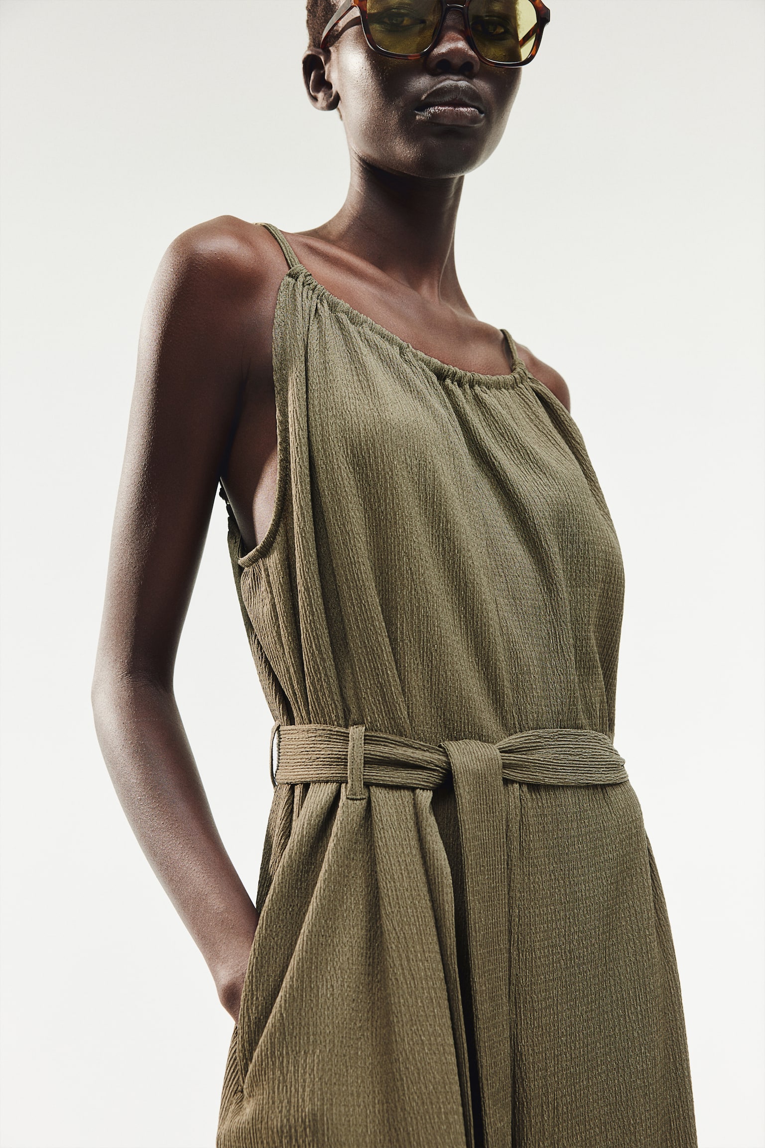 Tie-belt jumpsuit - Dark khaki green - 4