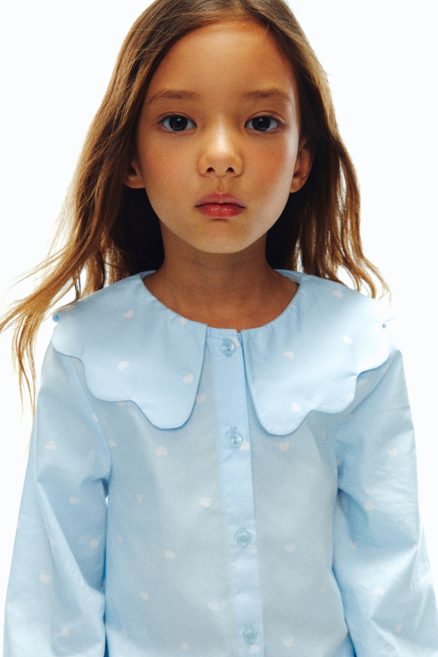 Collared cotton poplin blouse - Light blue/Hearts/White - 4