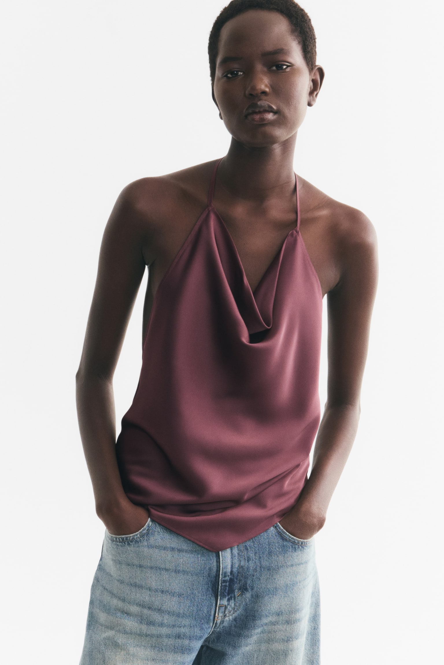 Женский топ H&M Tie-Back Halterneck Top, цвет: Пыльный фиолетовый — фото 4