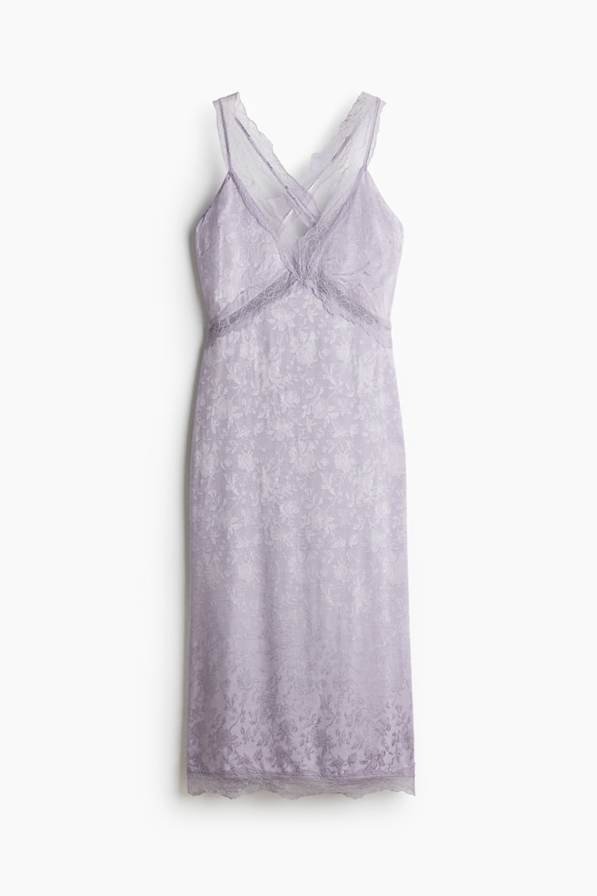 Vestido em tecido jacquard com entremeios de renda - Lilás claro - 1