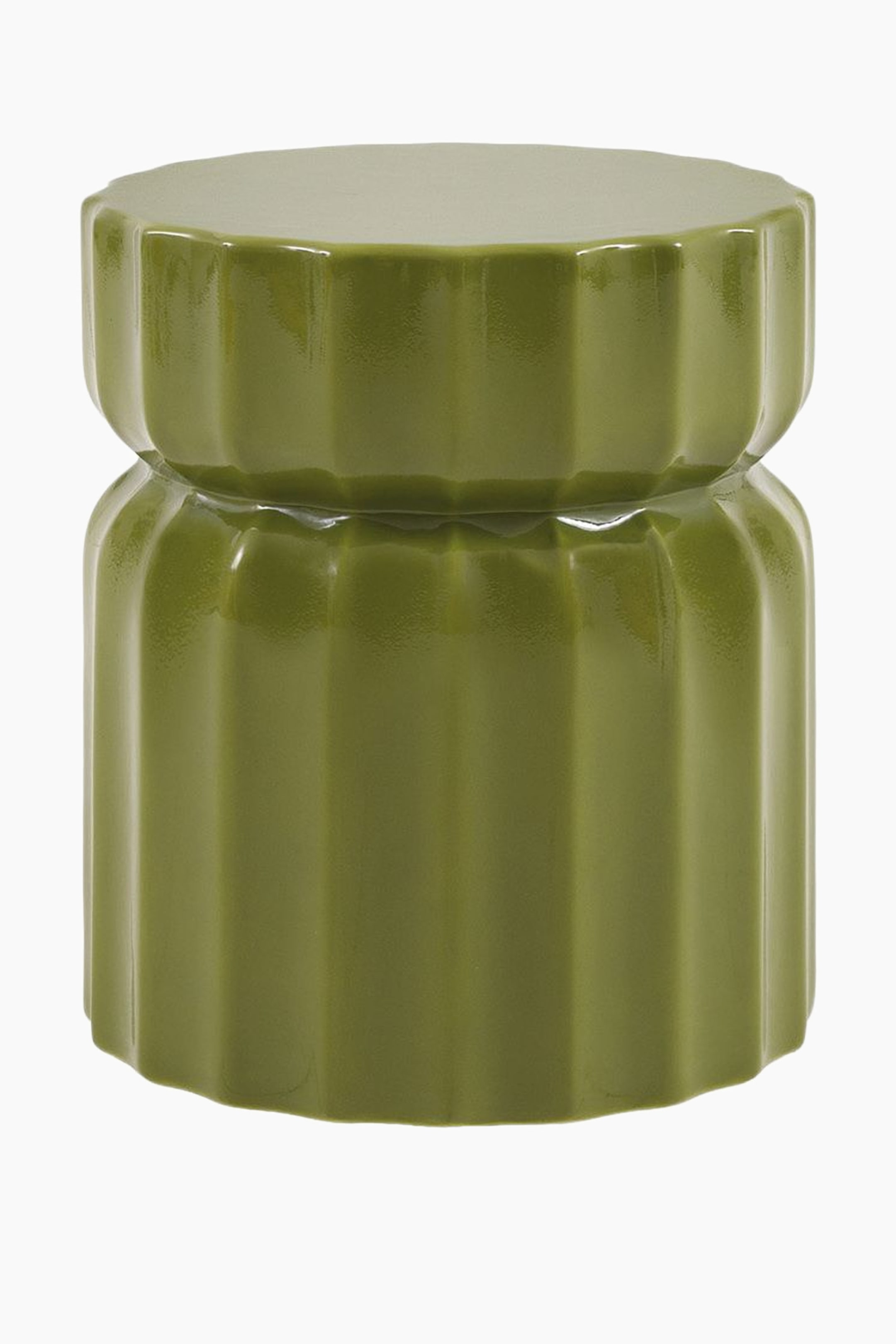 View larger image: An olive green ceramic stool featuring a glossy finish, a fluted cylindrical body with a slightly indented centre, and a flat, multi-faceted top and base.