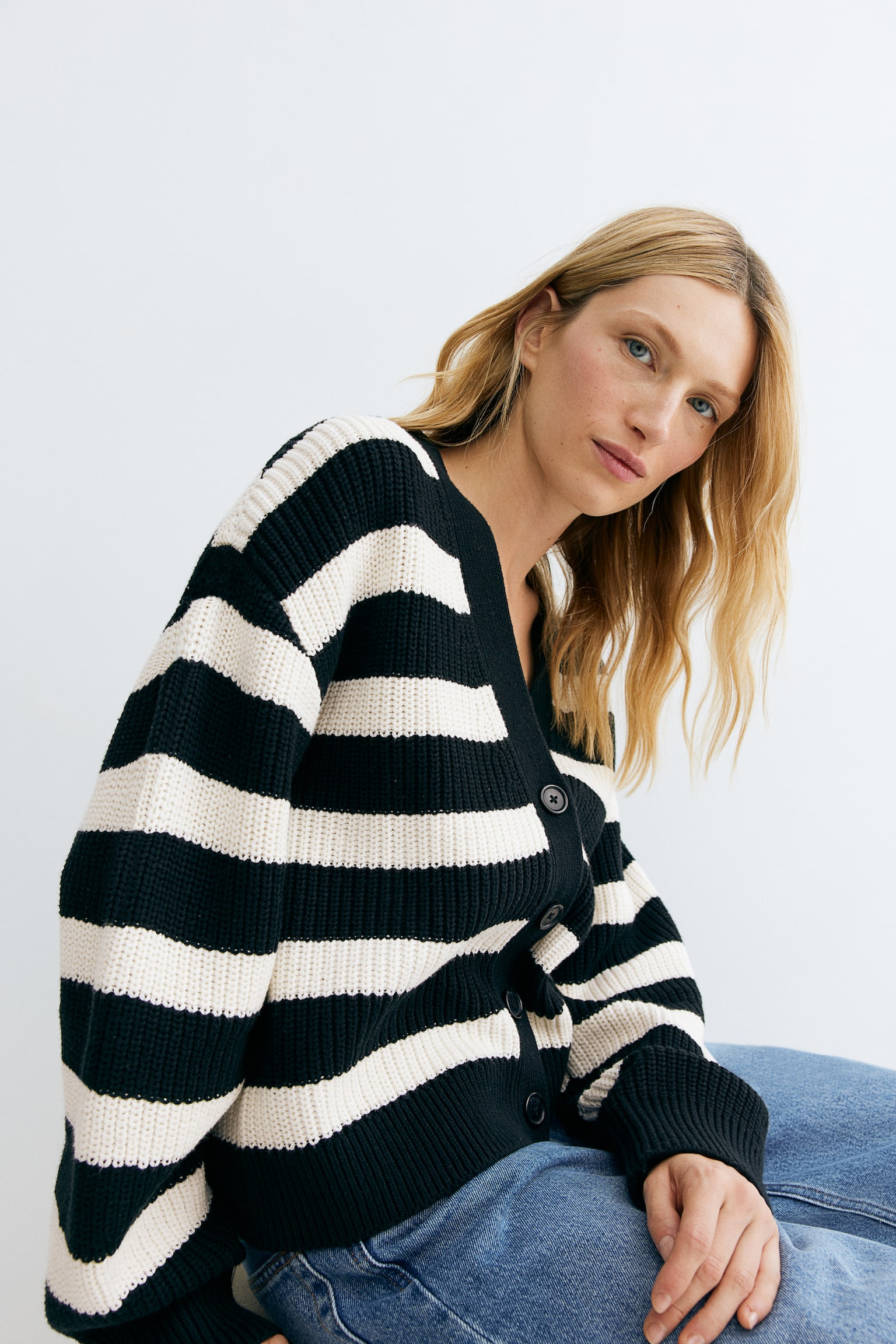 Rib-knit cardigan - Black/Striped/Black/White striped/Pale blue/Cream/Striped - 4