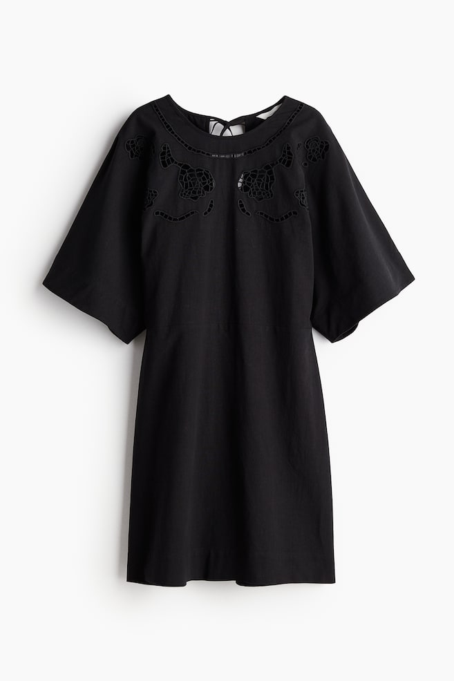 Linen-blend broderie anglaise dress - Black/White - 1