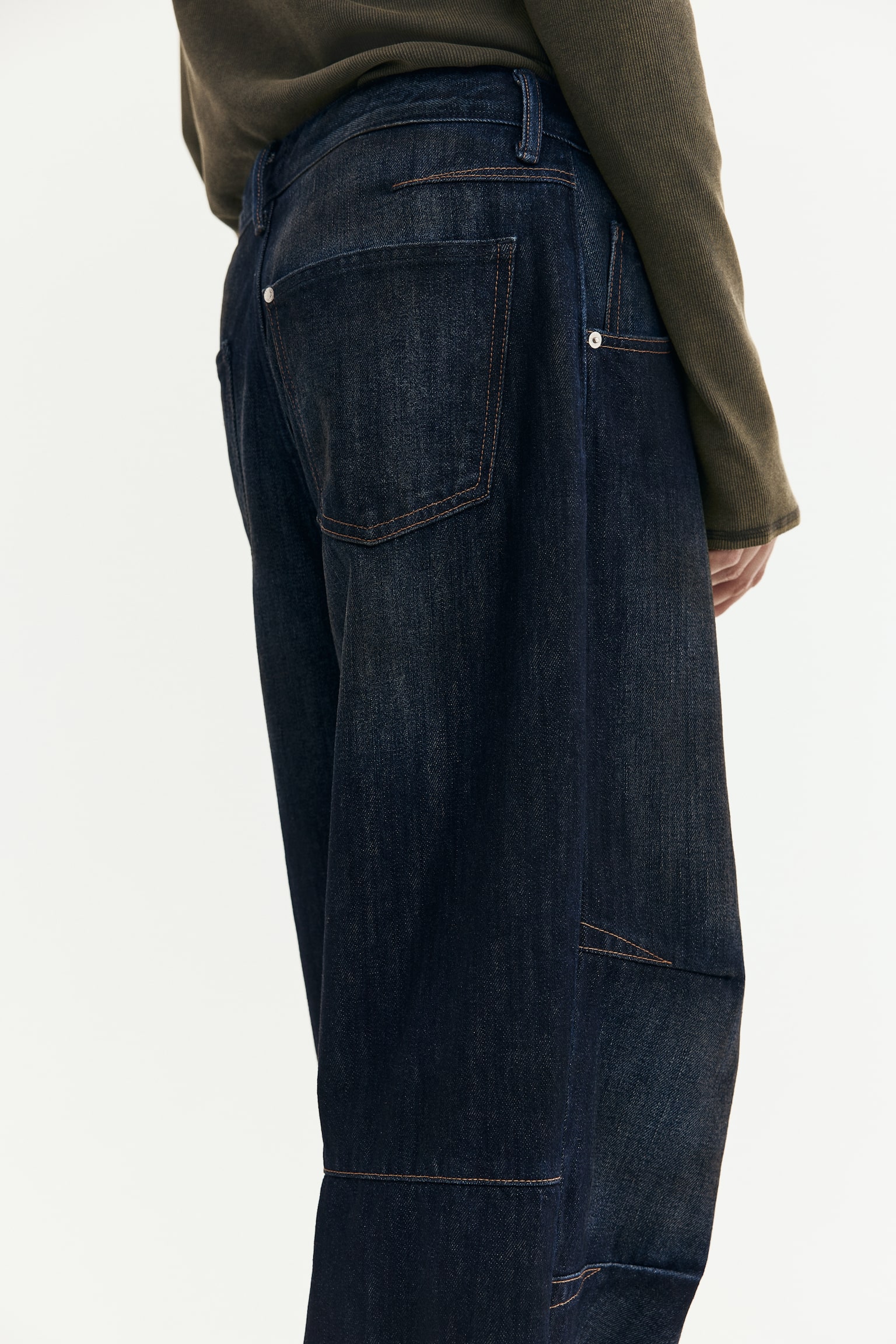 縫合褶牛仔寬版褲 - 深丹寧藍/深咖啡色/丹寧藍 - 4
