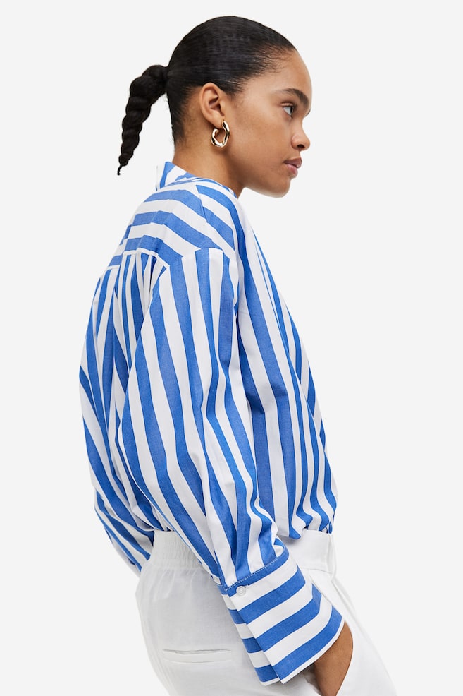 Bawełniana bluzka z wiązaniem przy szyi - Niebieski/Paski - 5