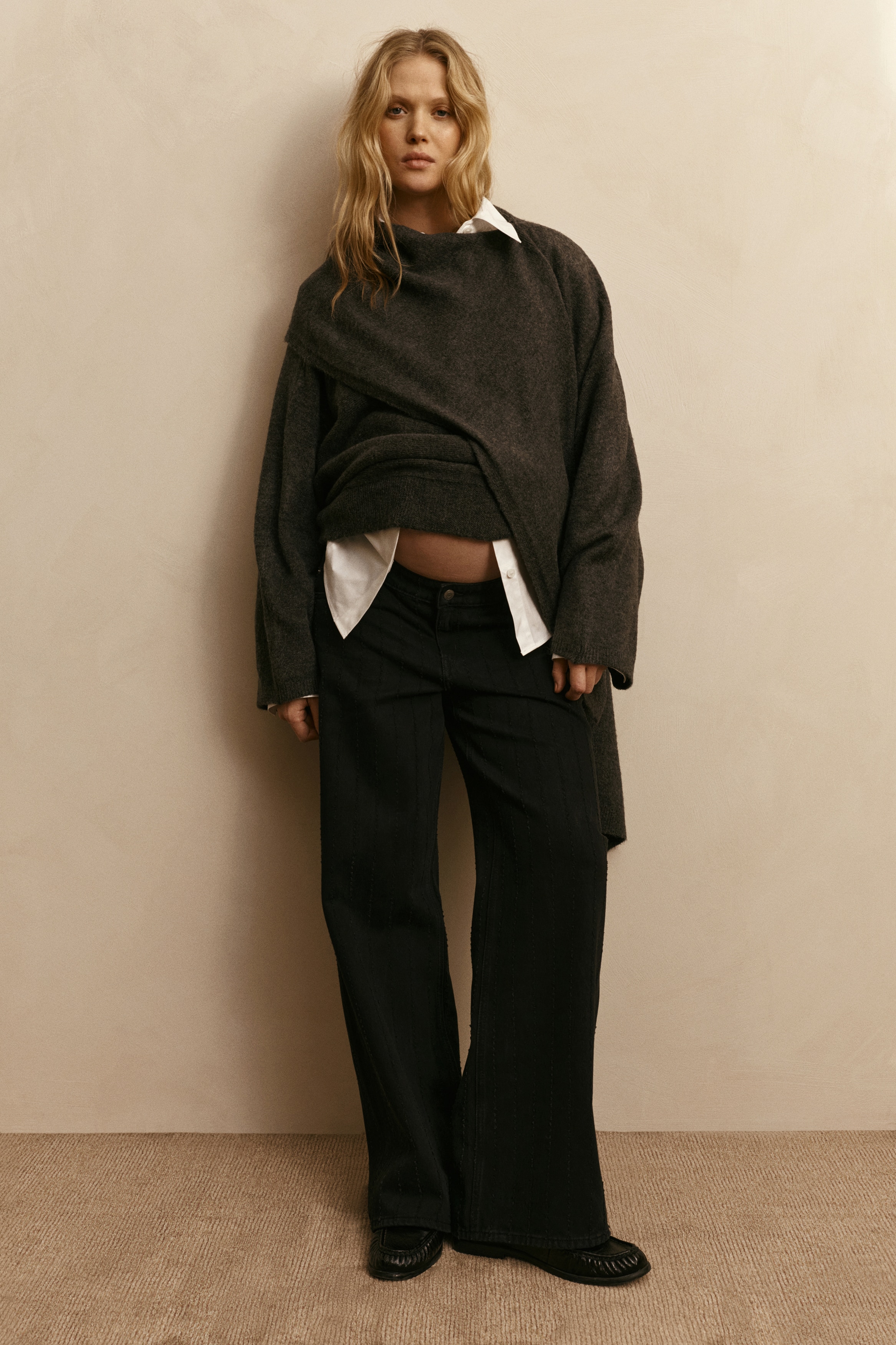 MAMA Široké džíny Before & After - Tmavě šedá/Tmavý denim blue/White