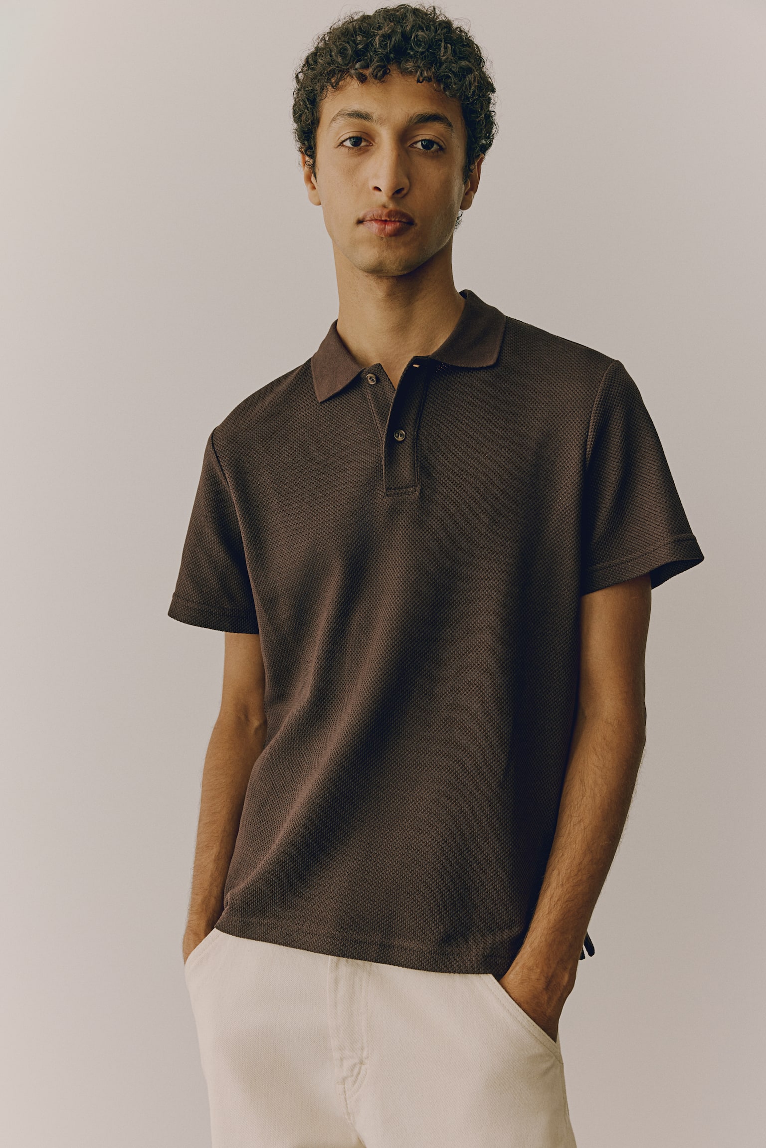 Regular Fit Textured Knit Polo Shirt - Dark brown/Navy blue/Cream/Dark green - 3