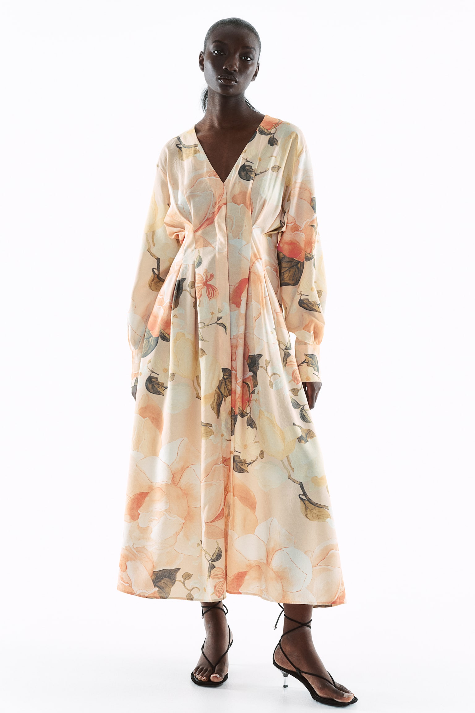 Waisted V-neck Dress - Apricot/Floral - 4