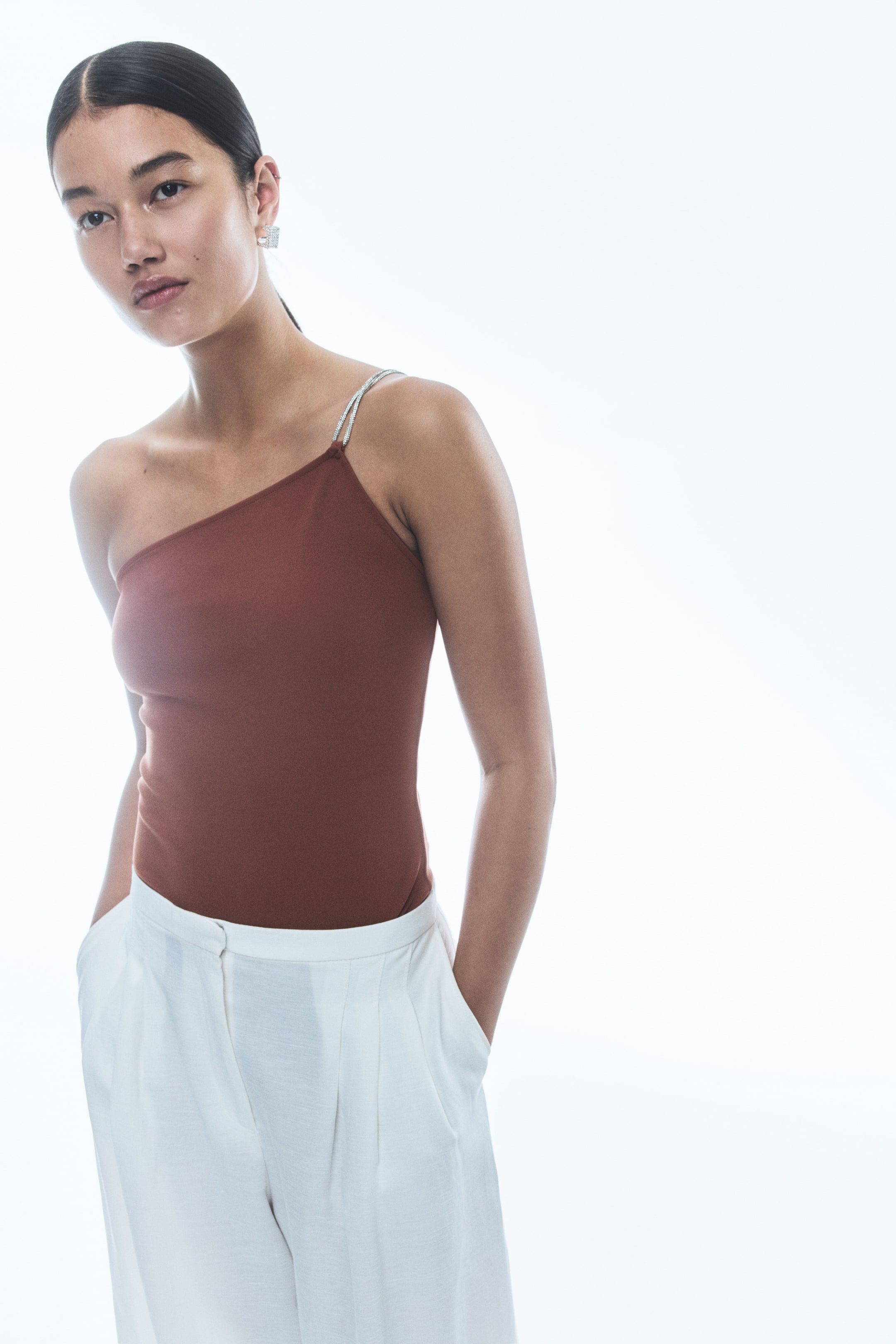 View larger image: Rhinestone Strap One Shoulder Bodysuit - Dusty brown - Ladies | H&M AU 2