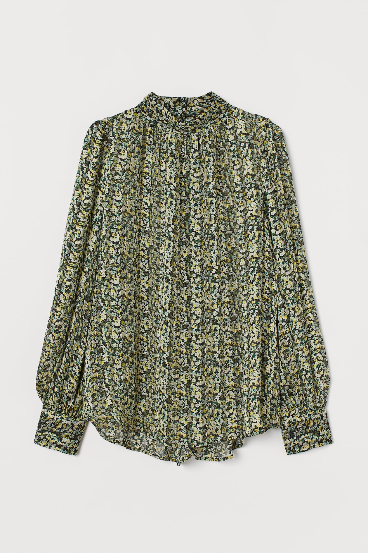 Wide-cut Blouse - Long sleeve - Regular length - Green/yellow floral ...