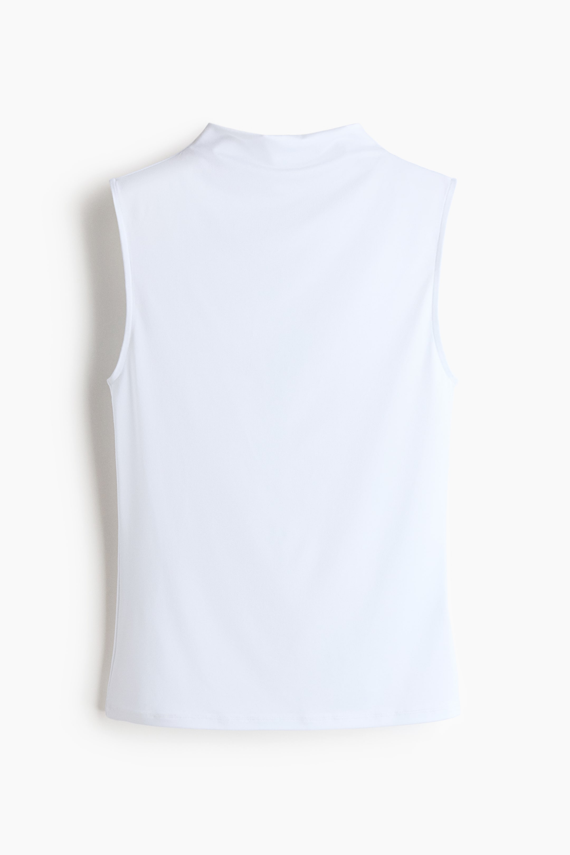 View larger image: "A white fitted sleeveless top showcases its back, boasting a high turtle neck."