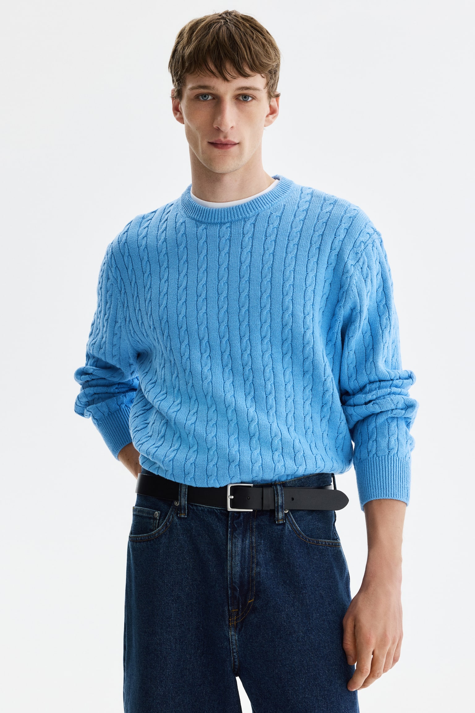 Regular Fit Cable-knit jumper - Light blue/Green/Navy blue - 1