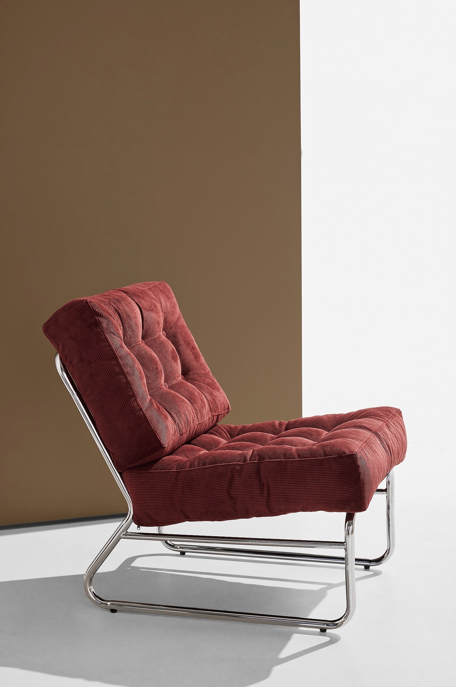 Fauteuil Lounge En Velours Côtelé Luca - Bordeaux Et Chrome/Cannelle/Vert Et Chrome/Couleur Crème