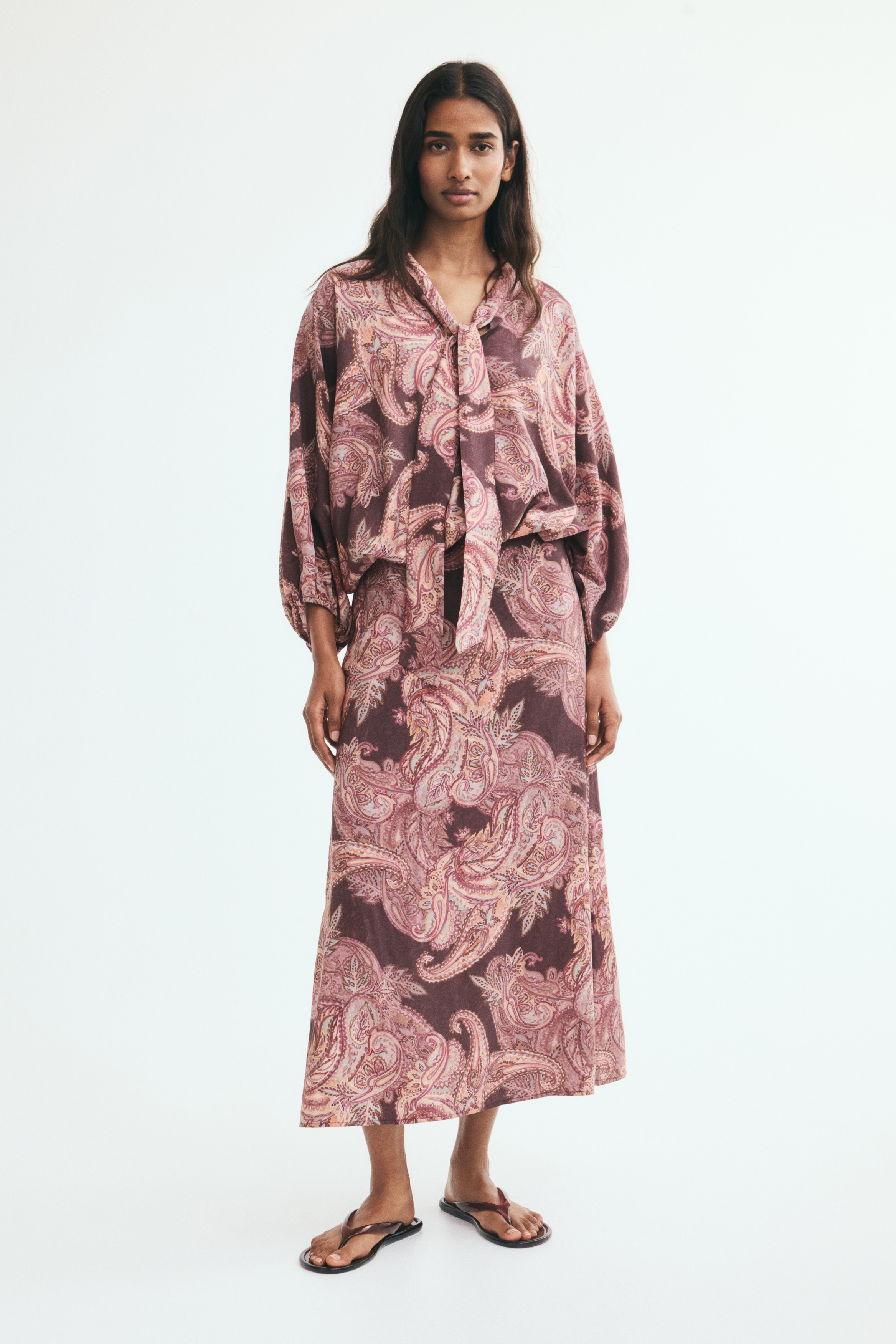 Viscose-blend midi skirt - Dark purple/Paisley pattern