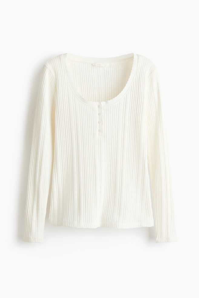 Pointelle Knit Cotton Top - White/Khaki green - 1