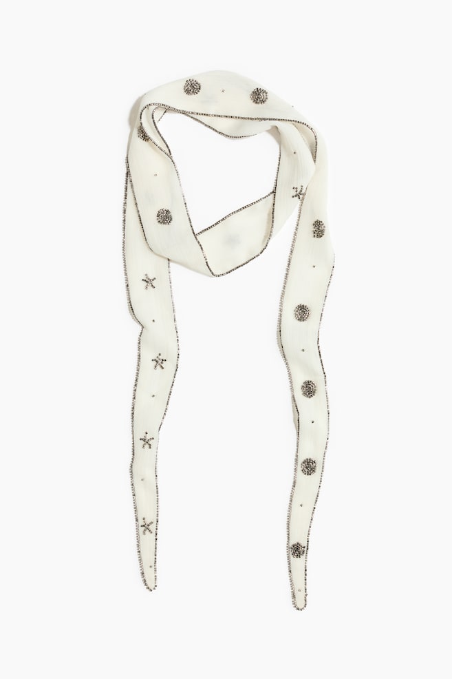Embellished Chiffon Scarf - Cream/silver-colored - 1