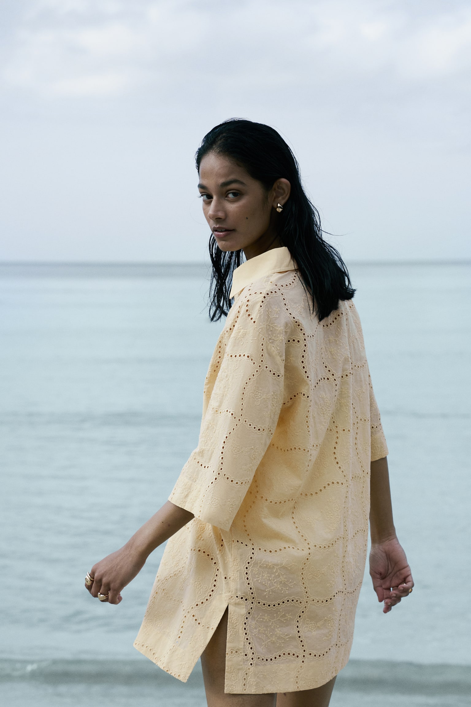 Broderie anglaise tunic dress - Light yellow - 3