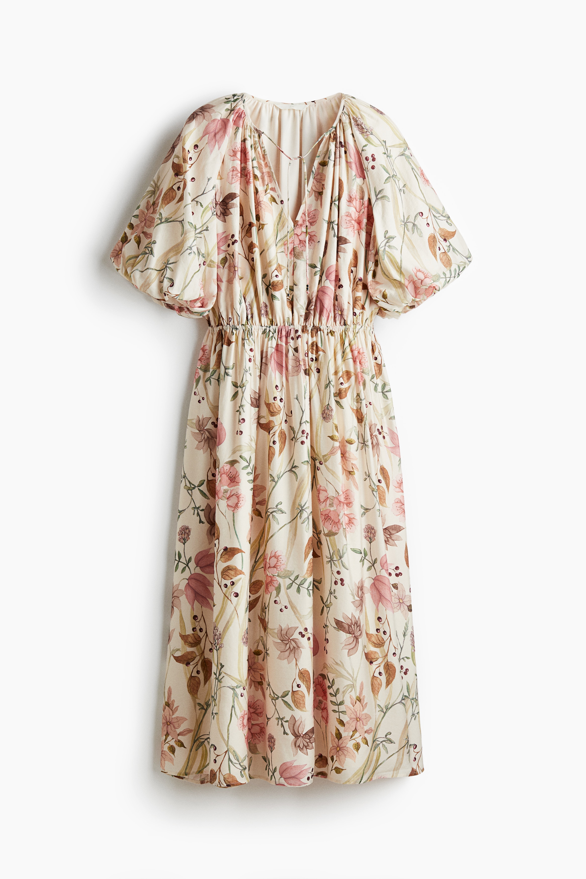 Balloon-sleeved dress - Light beige/Floral/Khaki green/Patterned