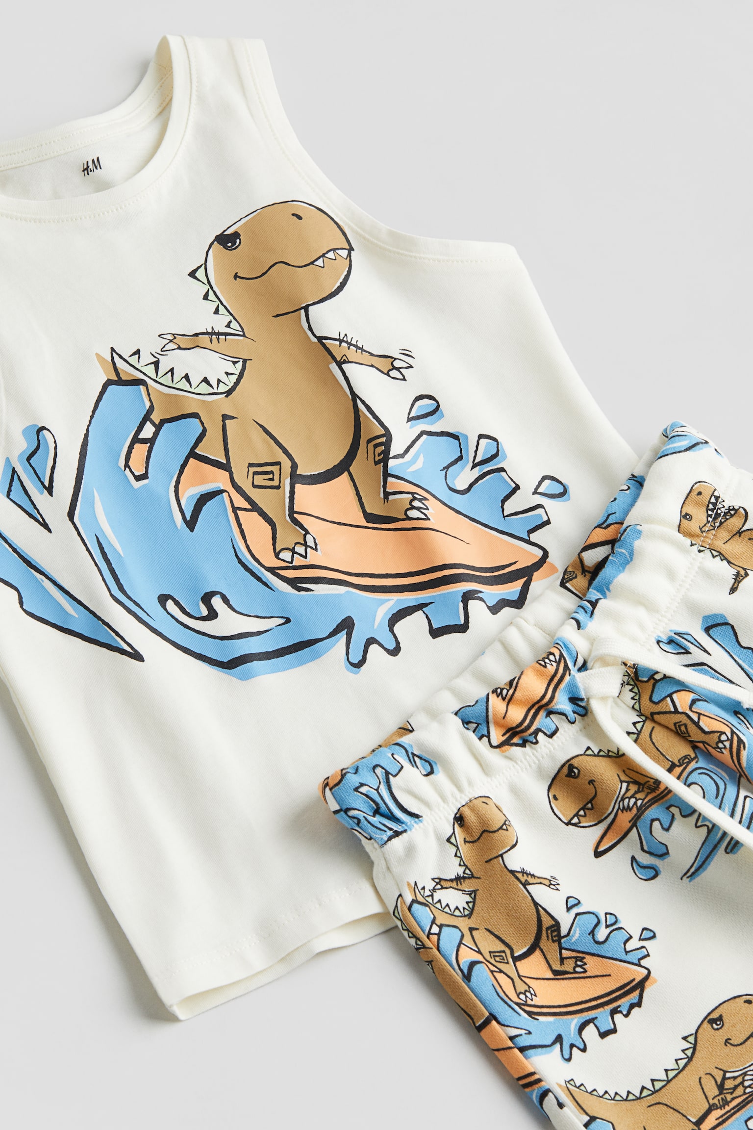 2-piece Print Set - White/Surfing dinosaur/Light orange/Sunshine/Dark green/Palm trees/White/Surf - 2