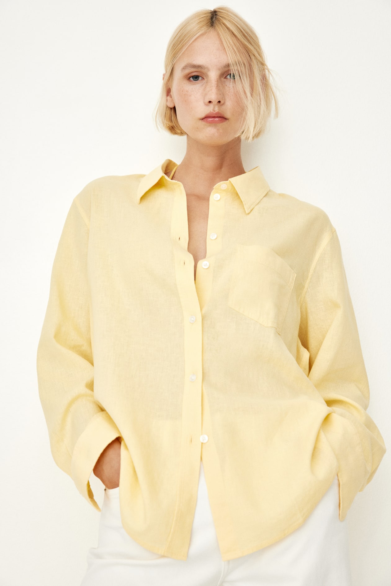 Butter Yellow Plain Yellow Shirt Womens Linen-blend Shirt Light