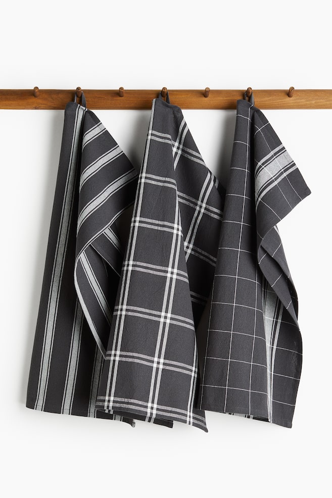 3-pack Cotton Tea Towels - Dark gray/checked/Orange/checked/Taupe/patterned/Dusty blue/checked/Beige/patterned/Black/checked/Light beige/checked - 1