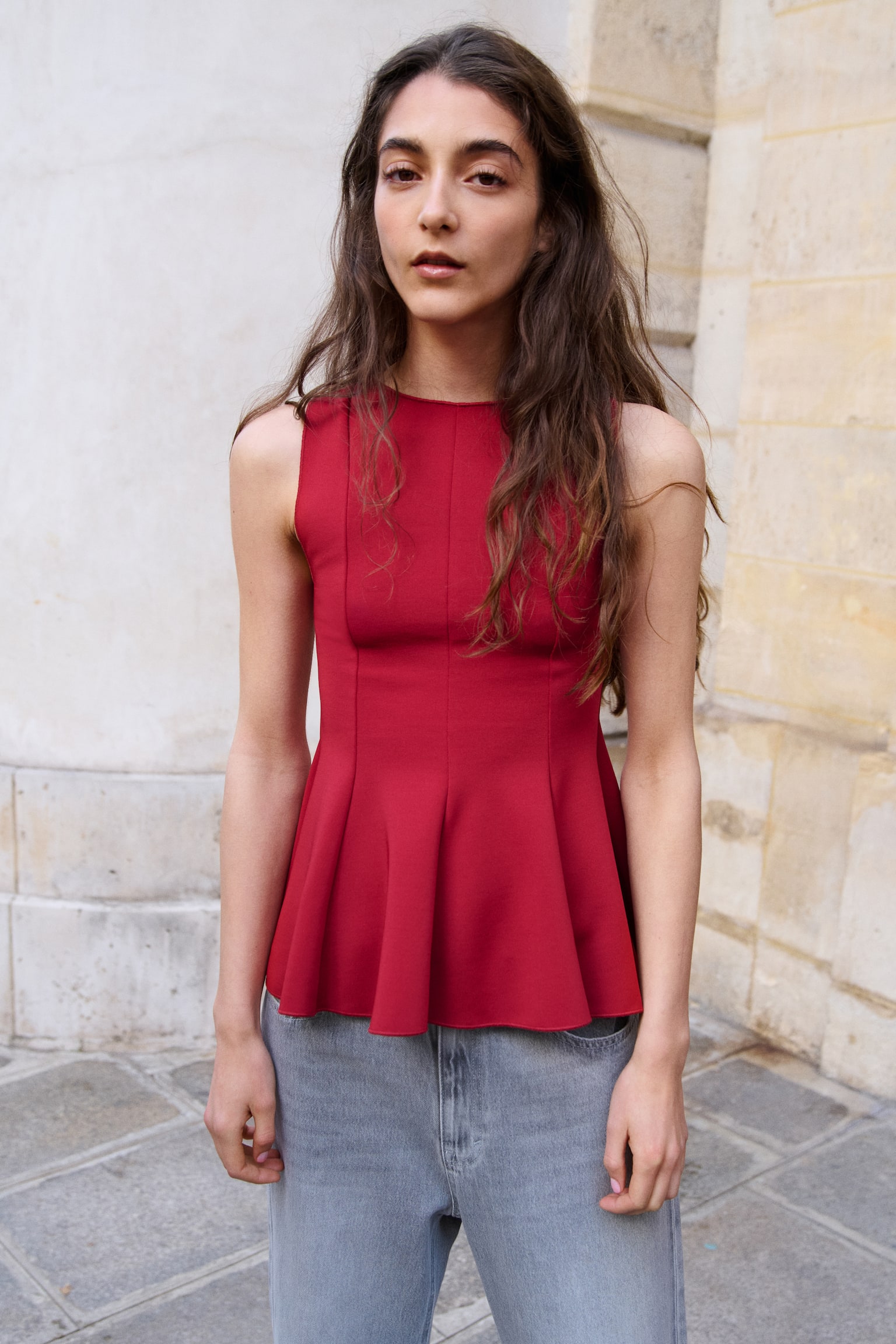 Sleeveless peplum top - Red/Black/White - 4