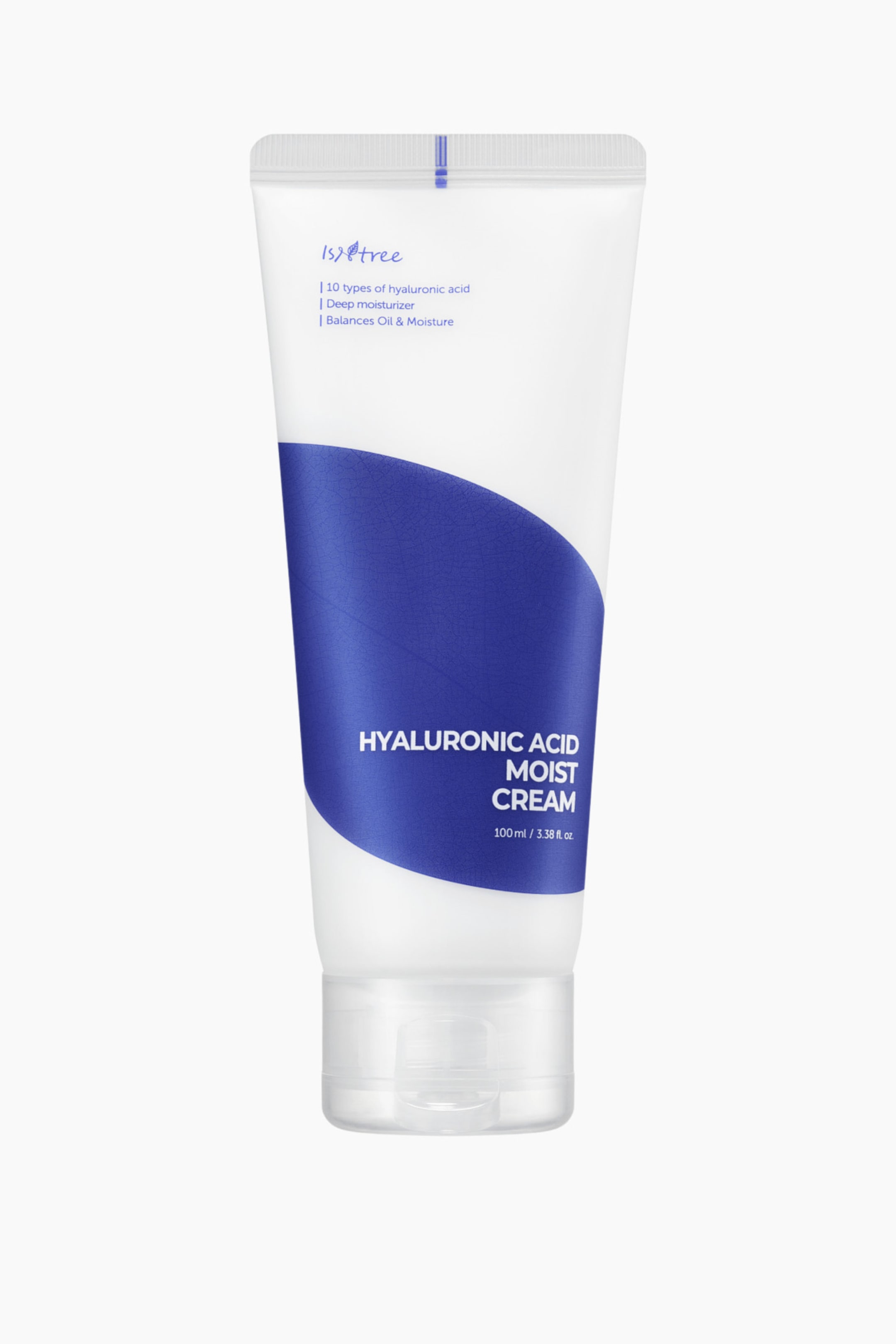 Visa större bild: En vit klämbart tub av Isntree Hyaluronic Acid Moist Cream står upprätt och vänd framåt, med en blå etikett med en subtil textur som böjer sig runt dess nedre mittsektion, och en klar plastflip-lock som förseglar dess bas. Den blå etiketten visar produktnamnet och storleken i vit text.