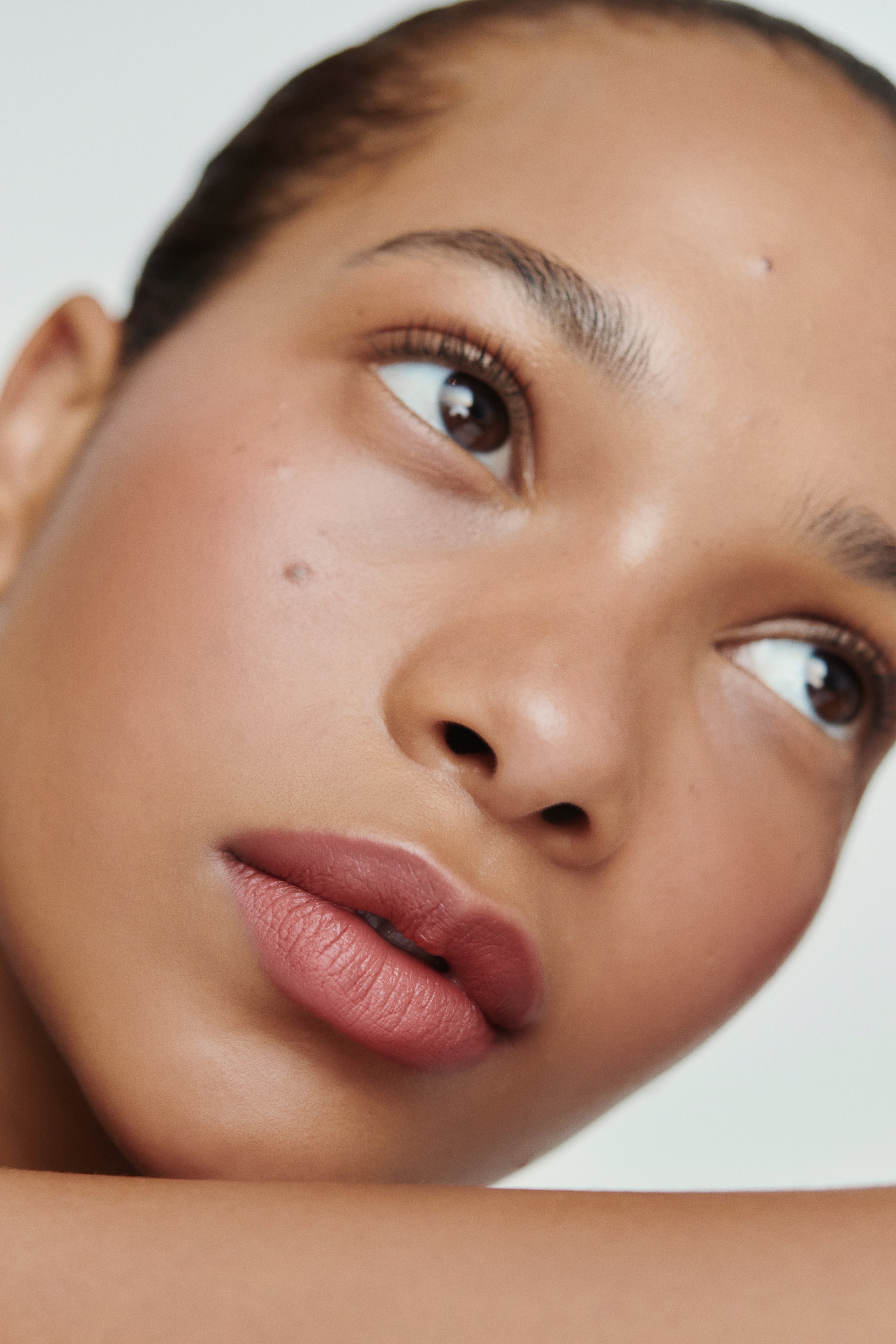 View larger image: Matte dusty rose lip color enriches the lips, while a warm peach blush dusts the cheeks. Mascara darkens the eyelashes, and a smooth, even-toned foundation perfects the skin.