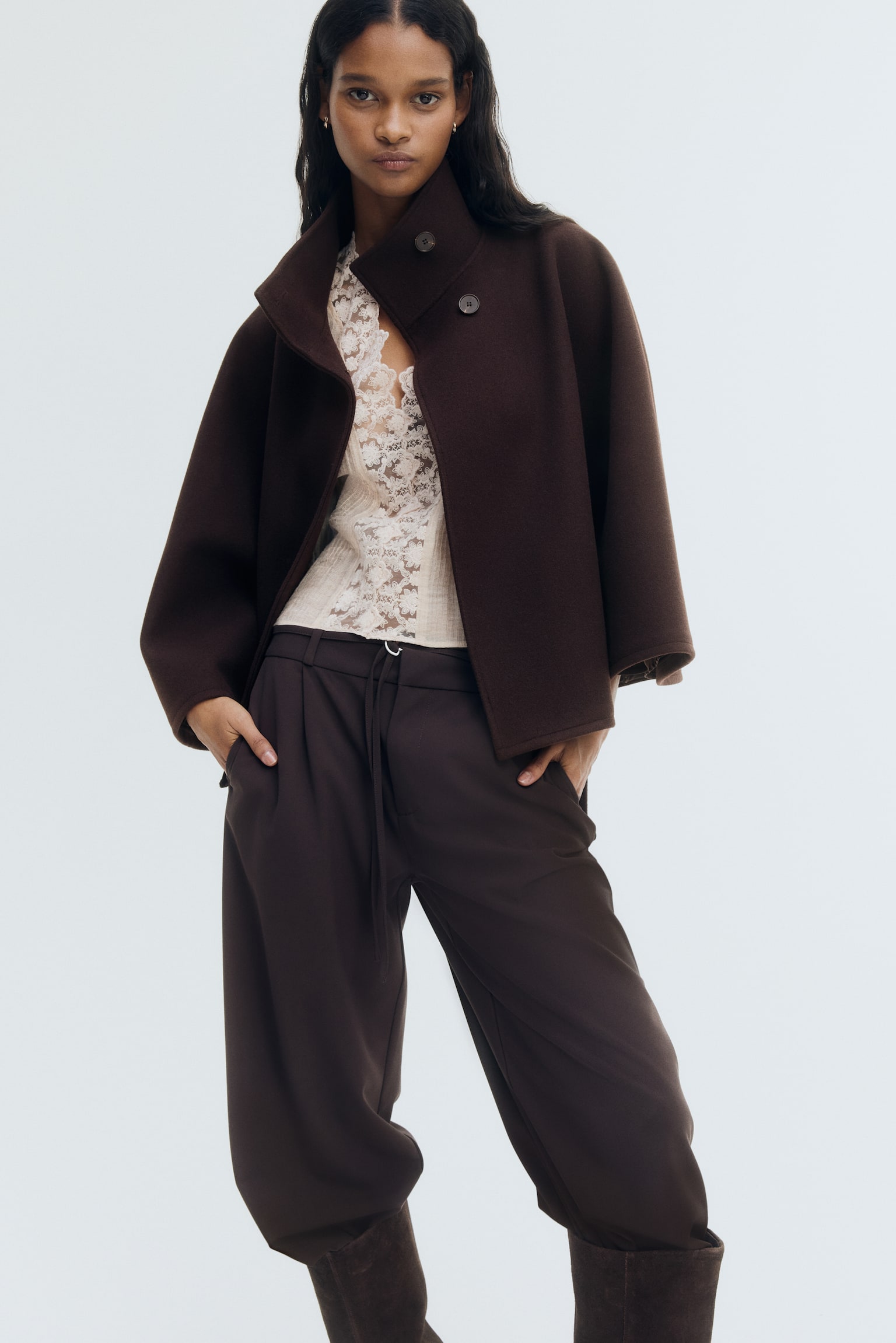 Belted cape coat - Dark brown - 7