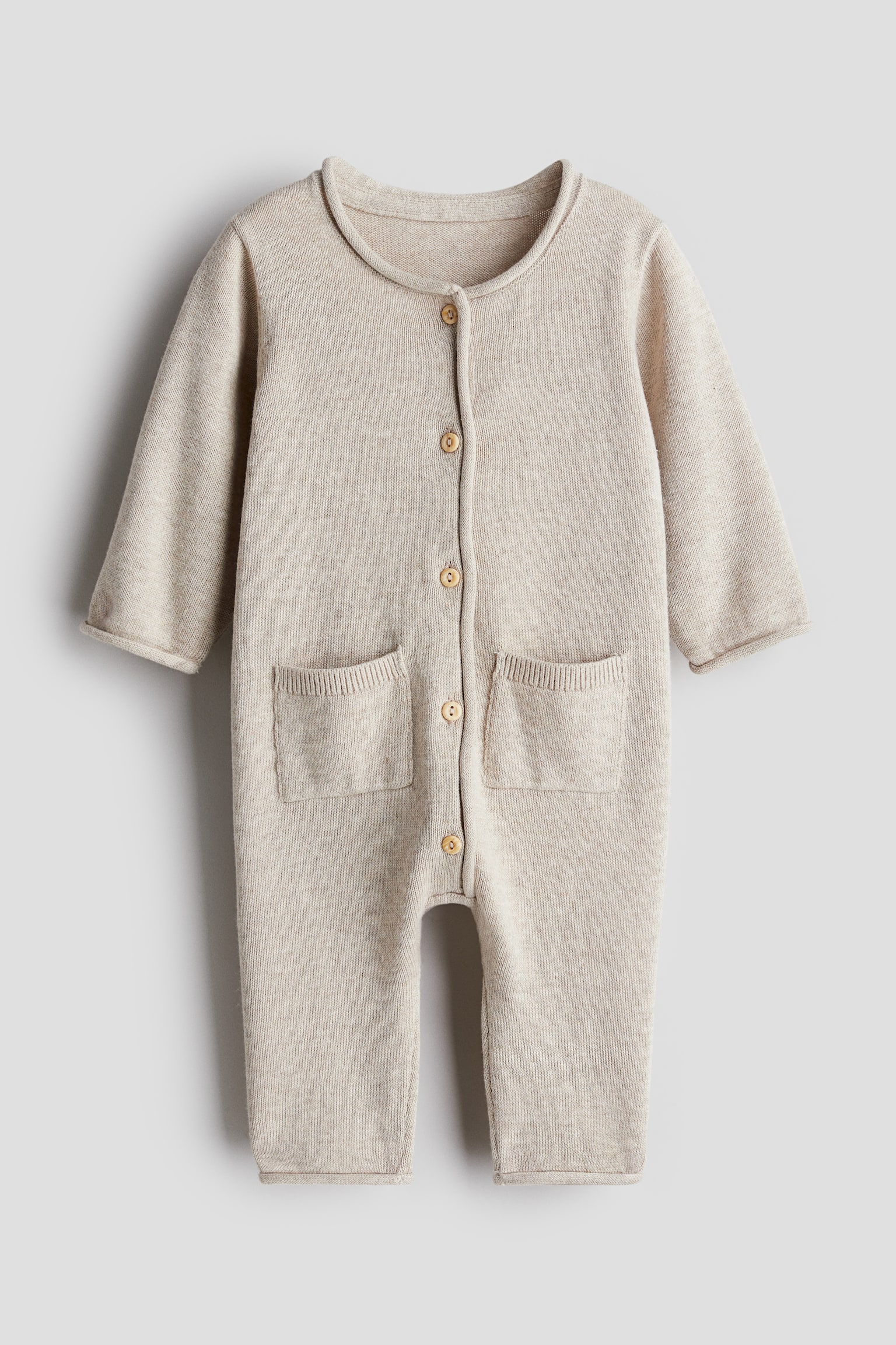 Fine-knit cotton romper suit - Light beige/Light grey marl - 1