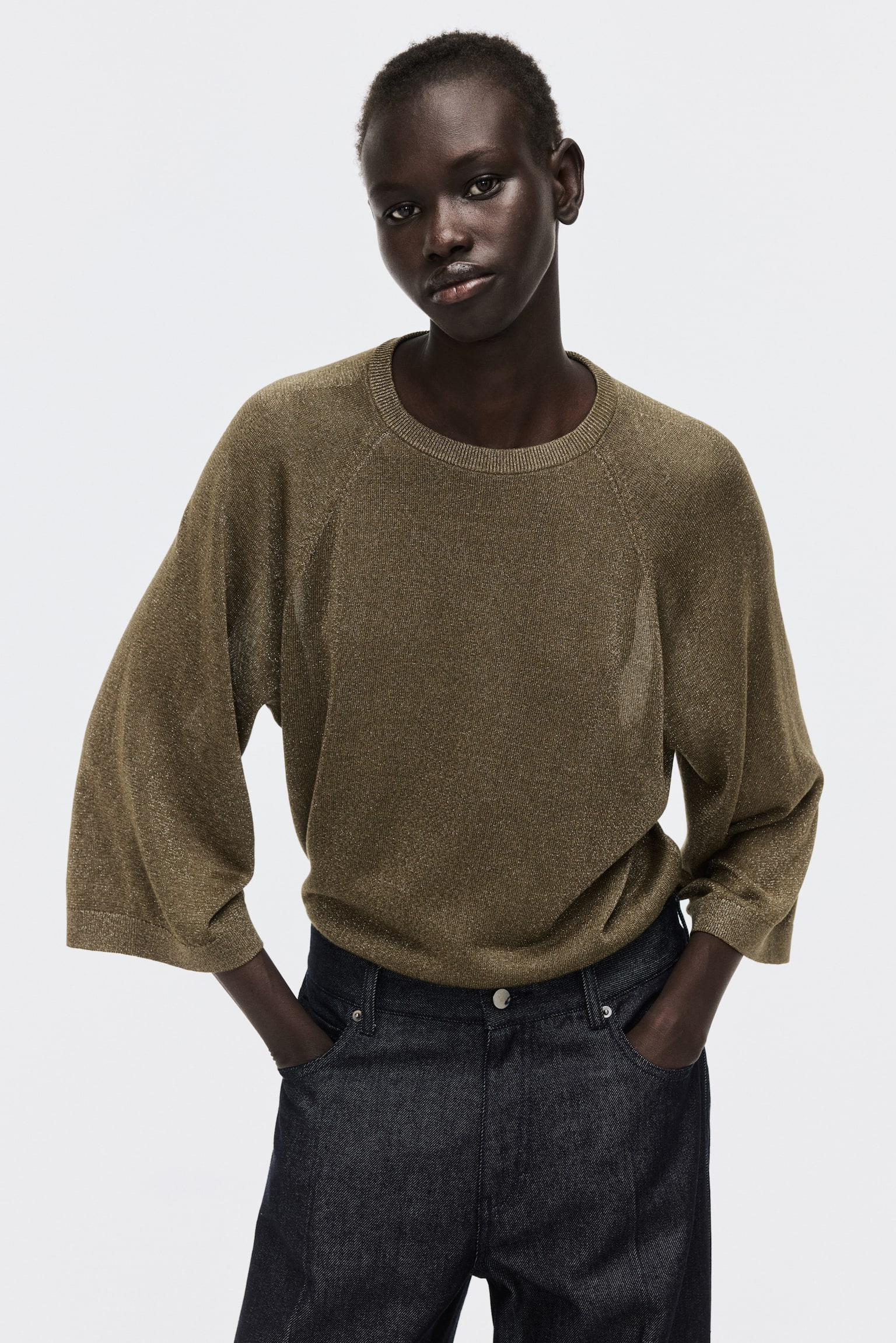 Fijngebreide top met glitters - Donker kakigroen/Dusty roze gemêleerd/Donkergrijs - 3