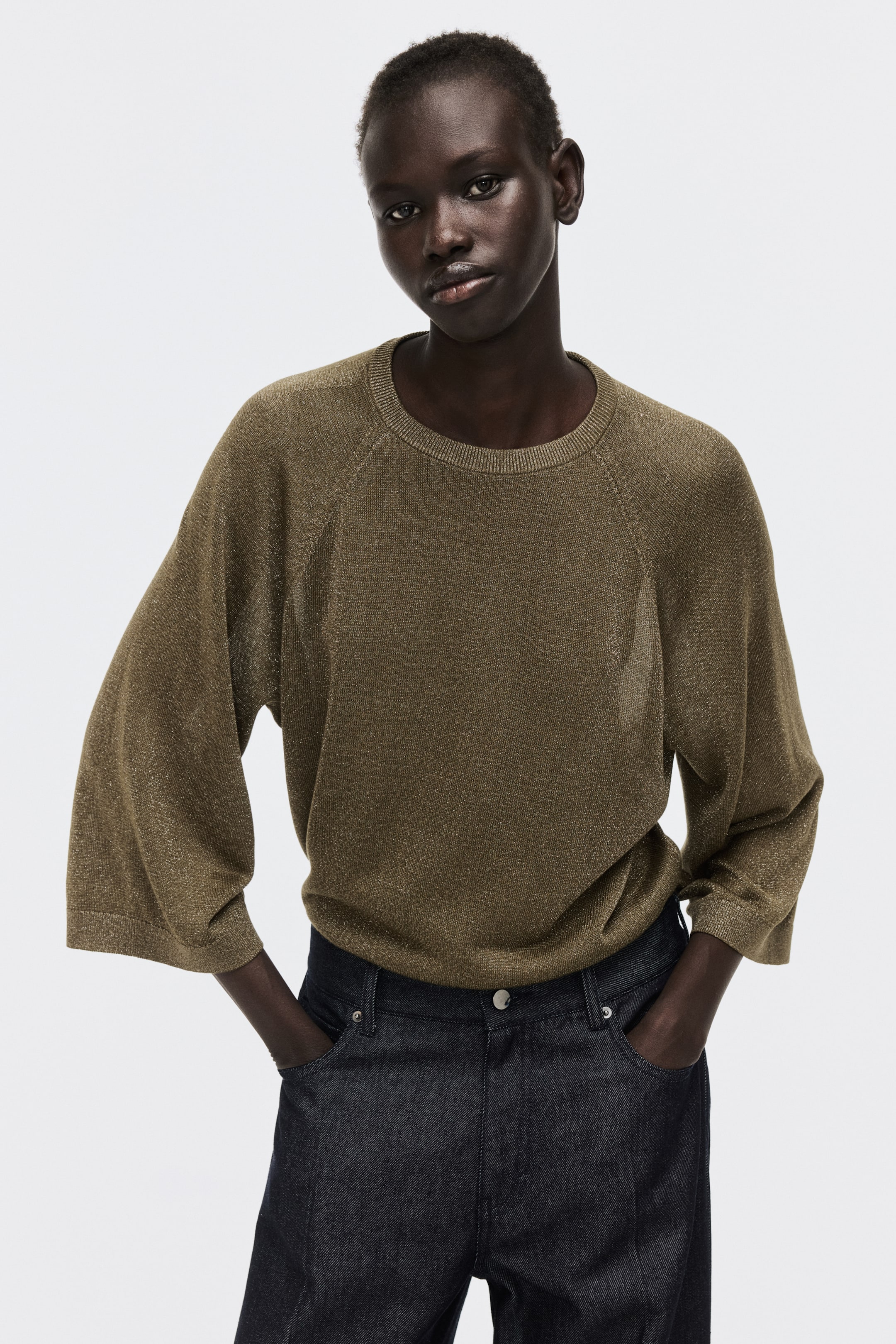 View larger image: Fine-Knit Glittery Top - Dark khaki green - Ladies | H&M CA 2