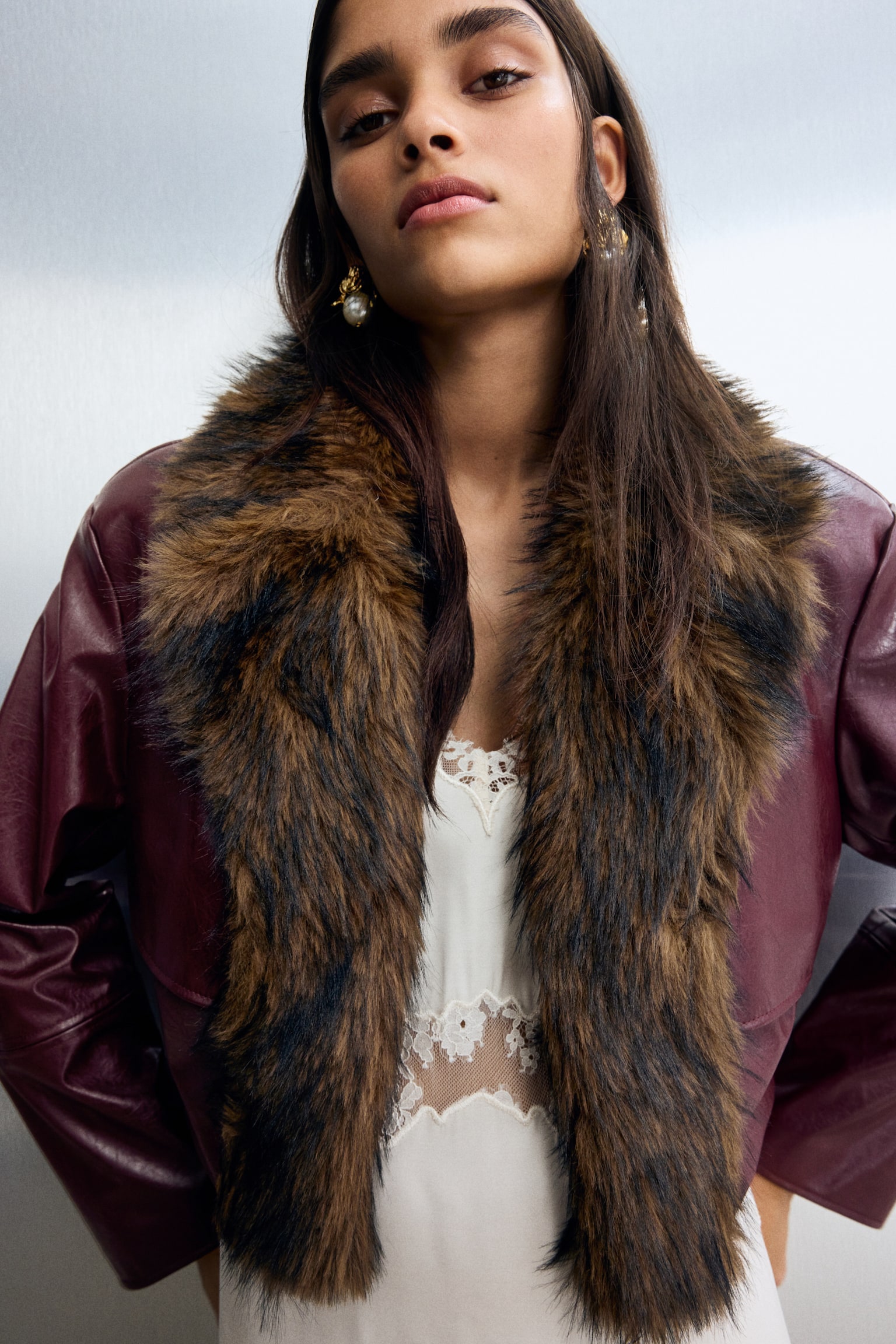 ז'קט קרופ עם ציפוי - בורדו/חום - 1