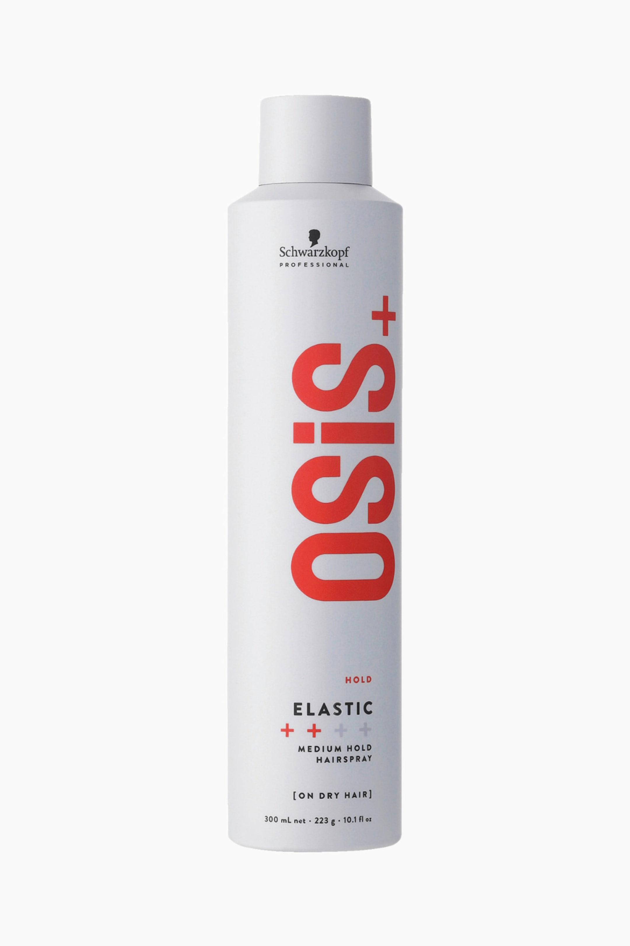 Visa större bild: Denna Schwarzkopf OSiS+ Elastic Hairspray står upprätt i en rakt framifrån-vy och visar en hög, mattvit cylindrisk aerosolburk med matchande lock. Framsidan av burken visar tydlig, vertikal röd branding med texten "OSiS+" samt svart text nära botten som identifierar den som "ELASTIC MEDIUM HOLD HAIRSPRAY".