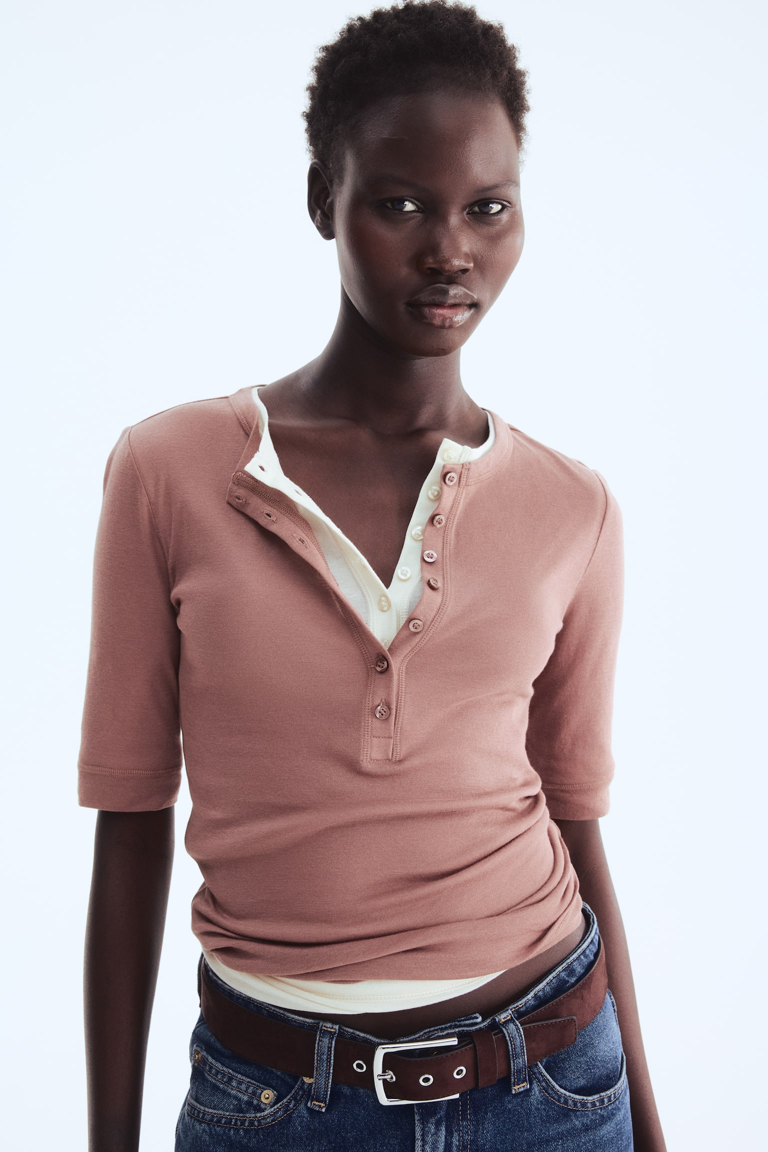Pima cotton top - Dark dusty pink/Dark brown/Light beige - 4