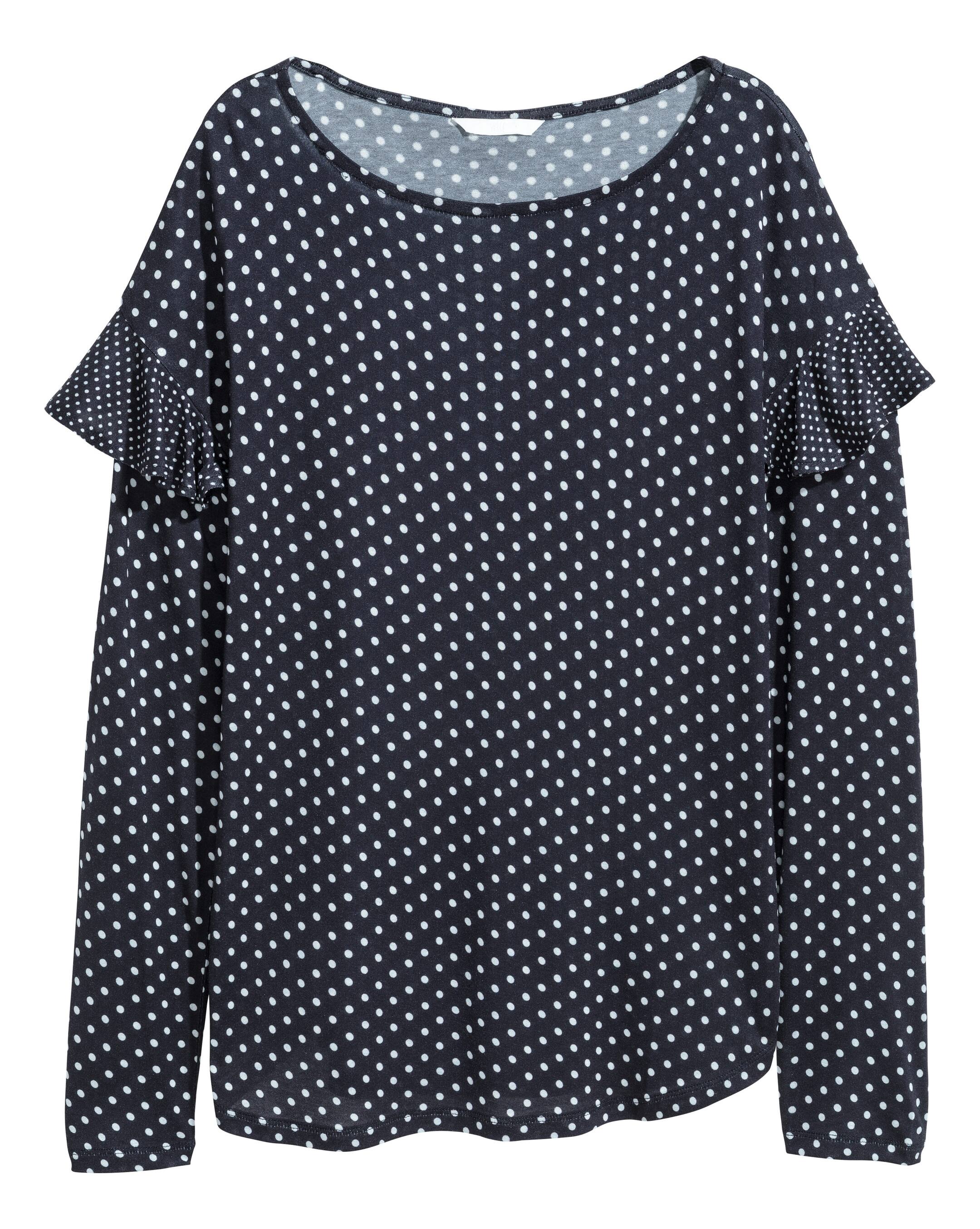 View larger image: Long-sleeved flounced top - Dark blue/Spotted - Ladies | H&M GB 1