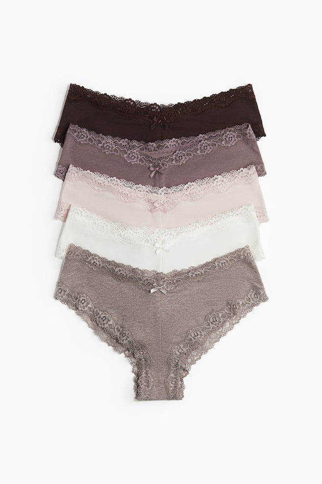 5-pack cotton and lace hipster briefs - Dark mole/Dusty pink/Light grey marl/Dark grey/Beige marl/Dark brown/White/White/Floral/Light yellow/Floral/Beige/Cream/Black/Burgundy/Light pink/Navy blue/Floral/Navy blue/Flowers/Light pink/Light grey marl - 1