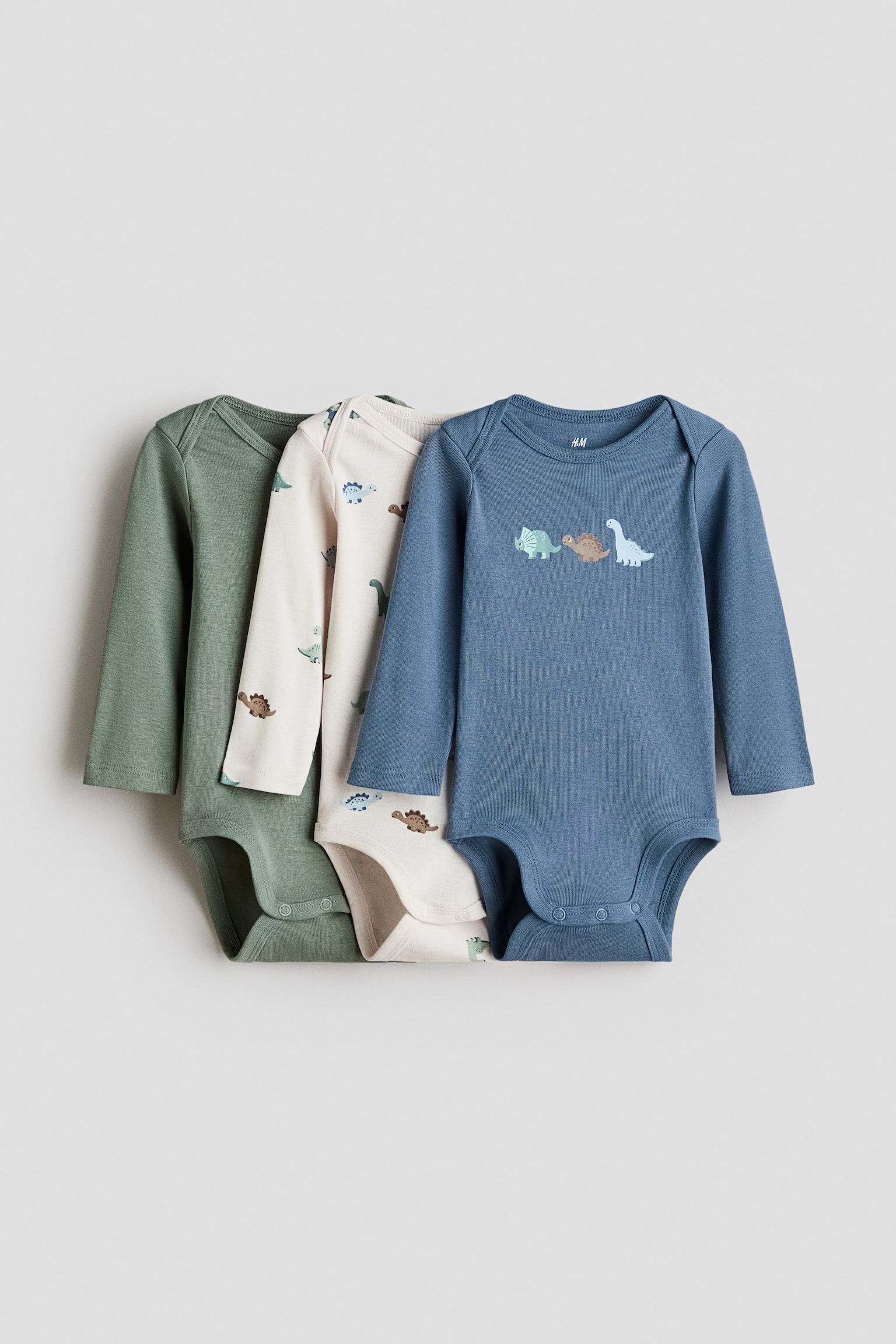 3-pack envelope-neck cotton bodysuits - Dusty blue/Dinosaurs