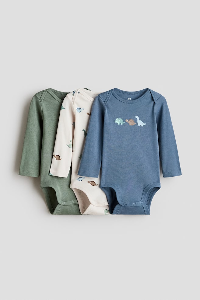 Pack de 3 bodies de algodón con cuello americano - Azul empolvado/Dinosaurios - 1