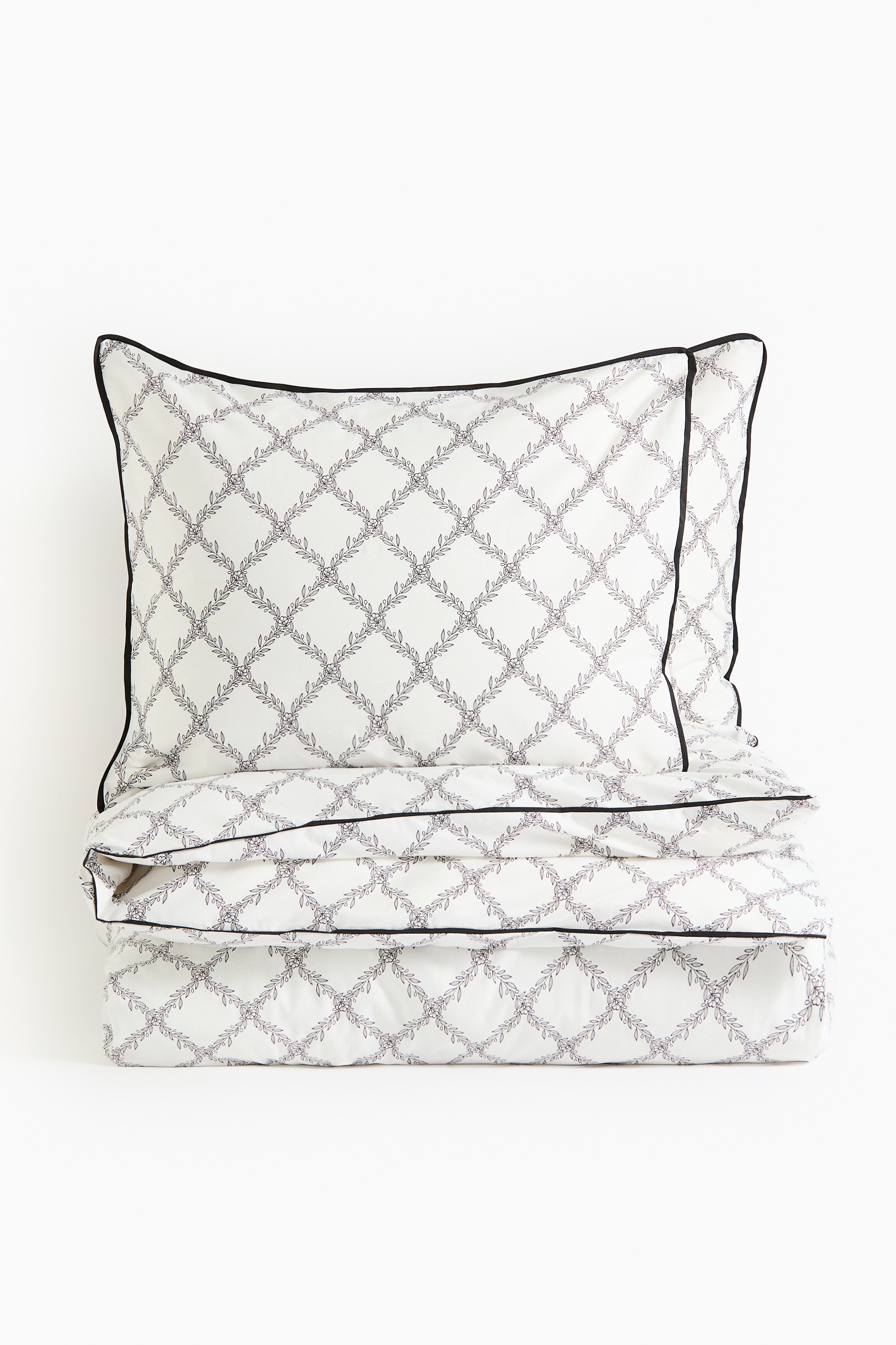 Parure de couette lit double King size en coton - Blanc/carreaux