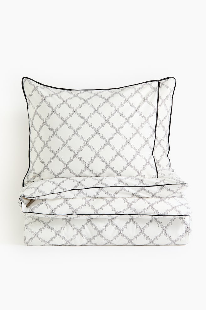 Cotton King/Queen Duvet Cover Set - White/checked/Green/checked - 1