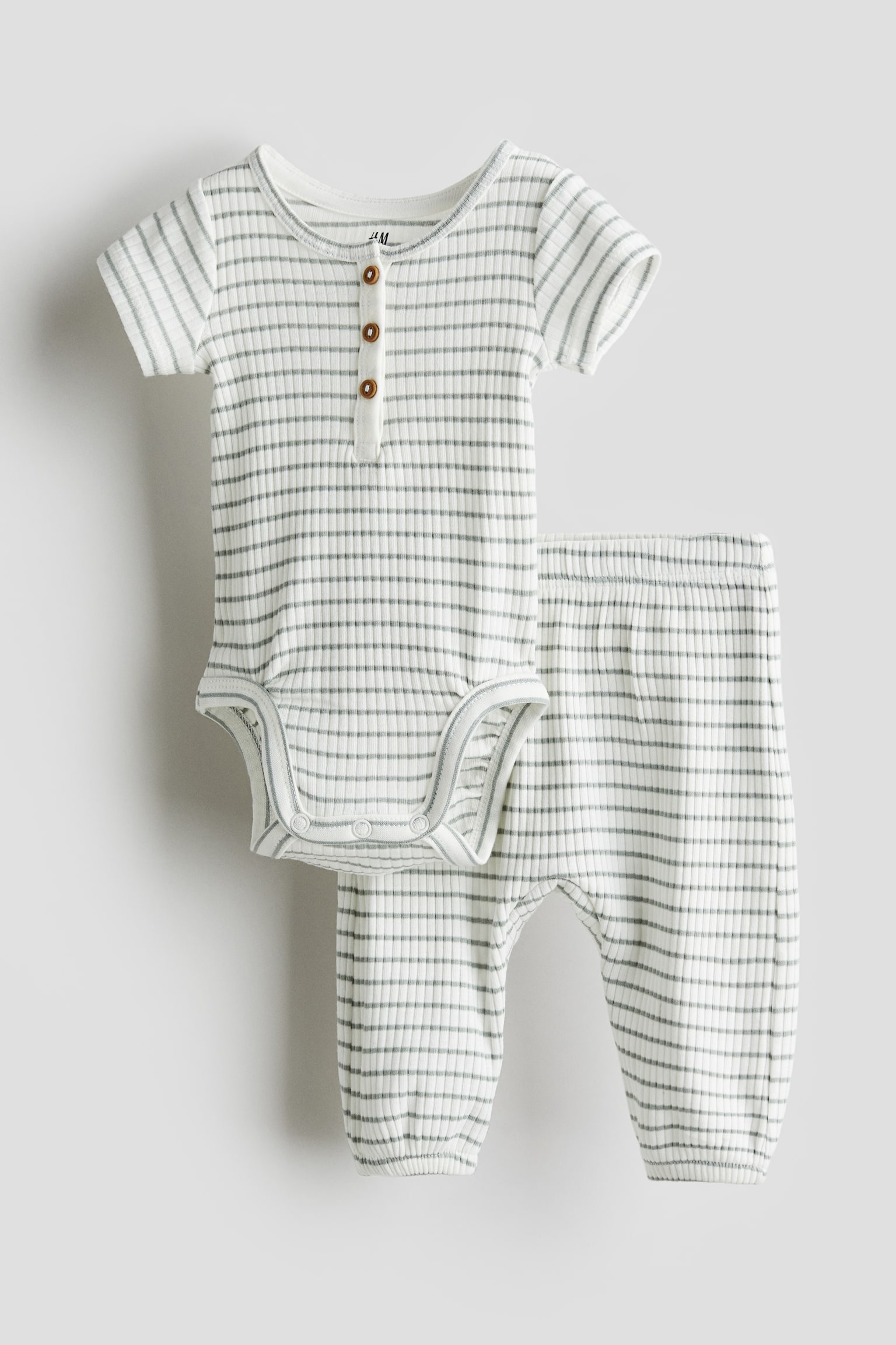 2-piece cotton jersey set - White/Green-striped - 1